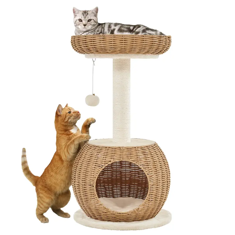 54'' Rattan Cat Tree Tower – Woven Condo, Clear Bowl, Washable Cushions & Scratching Posts for Indoor Cats