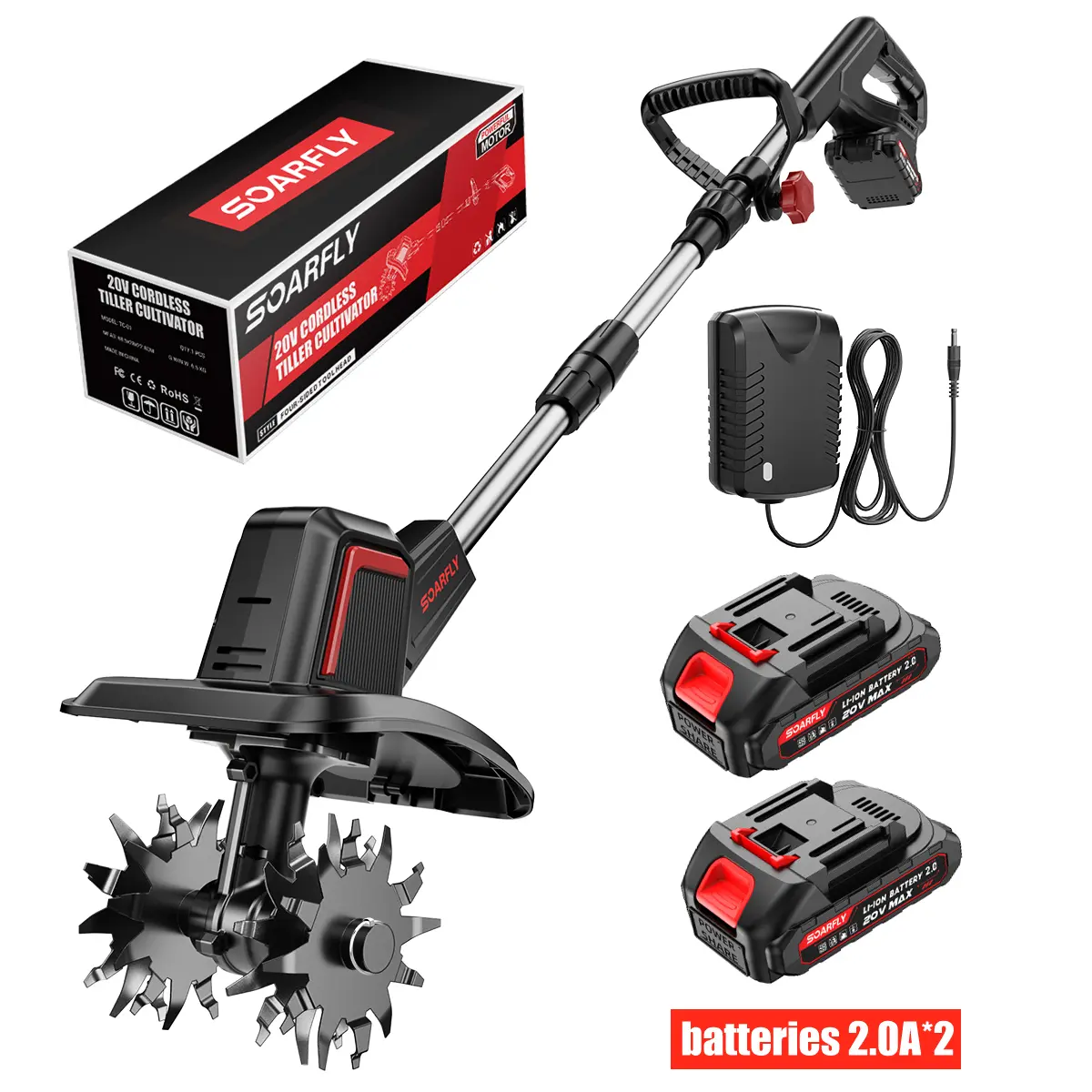 20V Electric Tiller, 360 RPM, With 2×4.0AH Batteries & Charger, 9 inch Width, 6.6 inch Depth, 48 Steel Tines Rototiller for Lawn/Gardening/Soil Cultivation