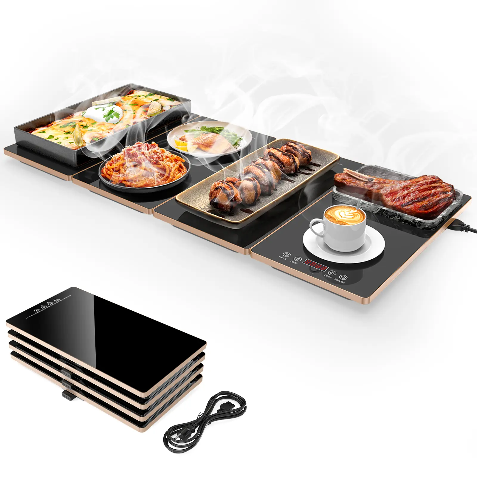 Electric Warming Tray, 4-in-1 Food Warmers for Parties Buffet with 10 Temp Settings and Timer, 33"x15" Glass Surface Warming Mat for Food, Modular Buffet Hot Plates for Catering and Gatherings