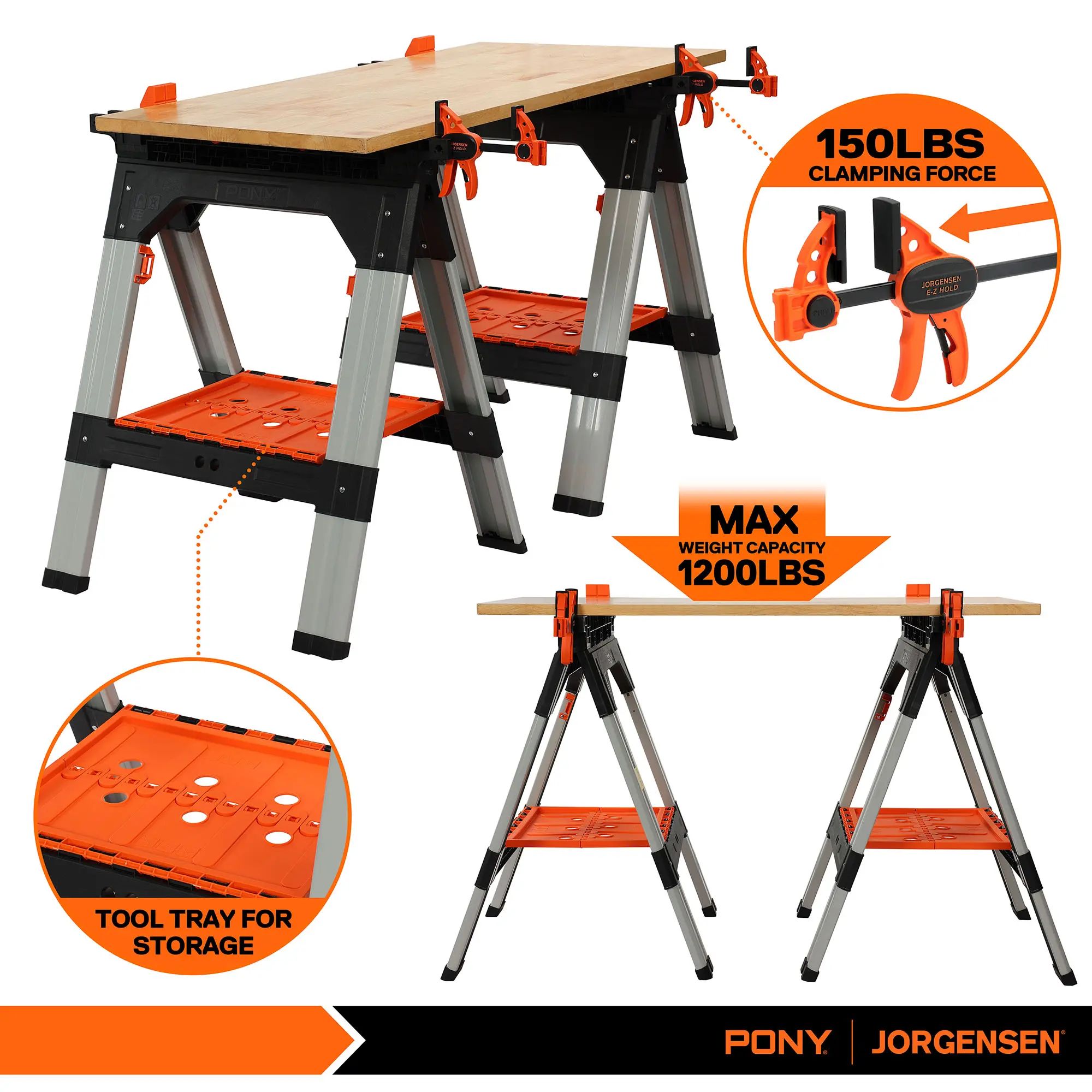 2-Pack Clamping Sawhorses, 1200 LBS Load Capacity, 30-3/4" Folding Sawhorse with 12” F Clamps, Bench Dogs, Angle Clamps, 2" Spring Clamps, Steel Legs, Heavy Duty for Woodworking