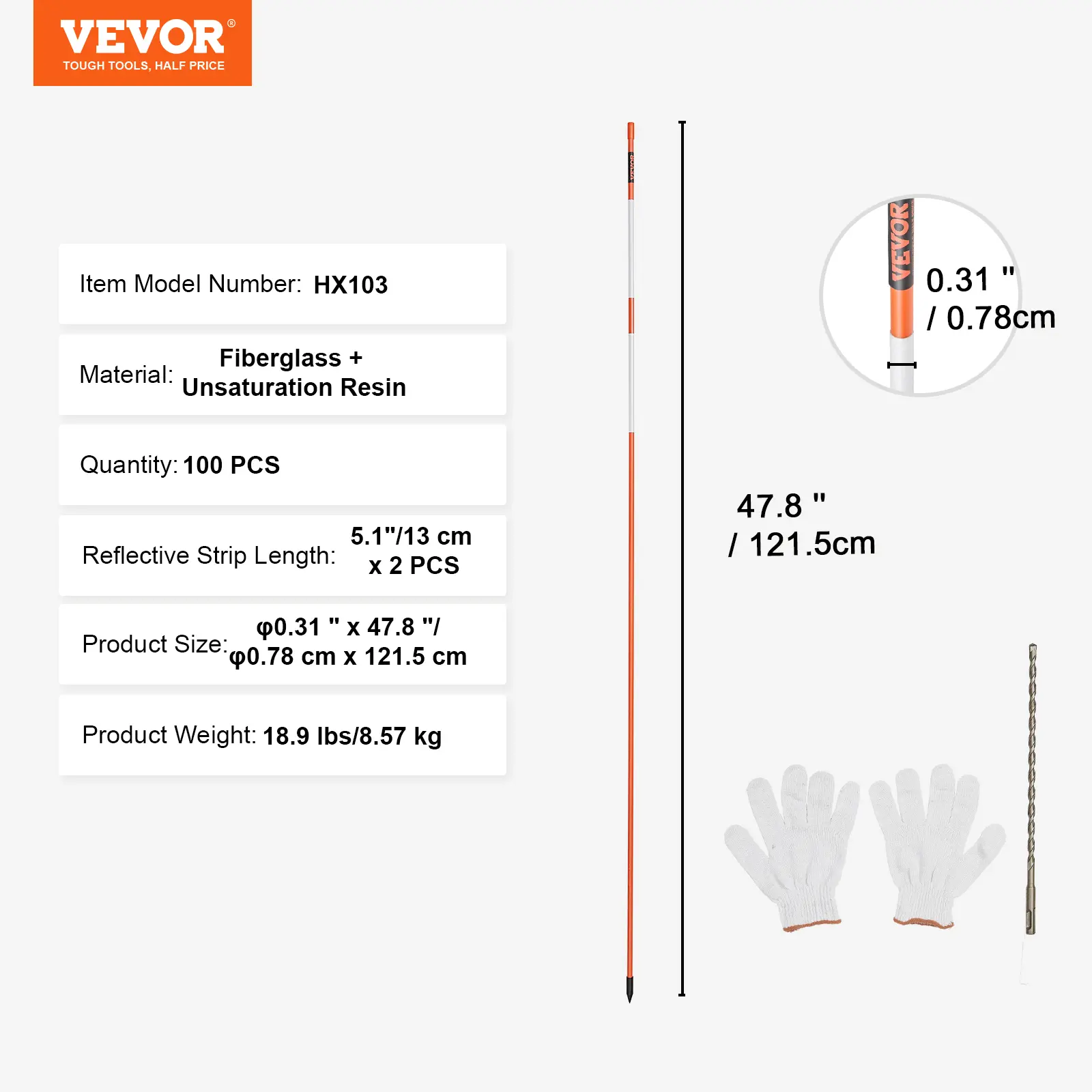 Driveway Markers, 100 PCS 48in 0.4in Diameter Lightweight Orange Fiberglass Snow Stakes with Reflective Tape, 12in Steel Drill Bit & Protection Gloves for Courtyards, Easy Installation, Security & Rainy Day Visibility