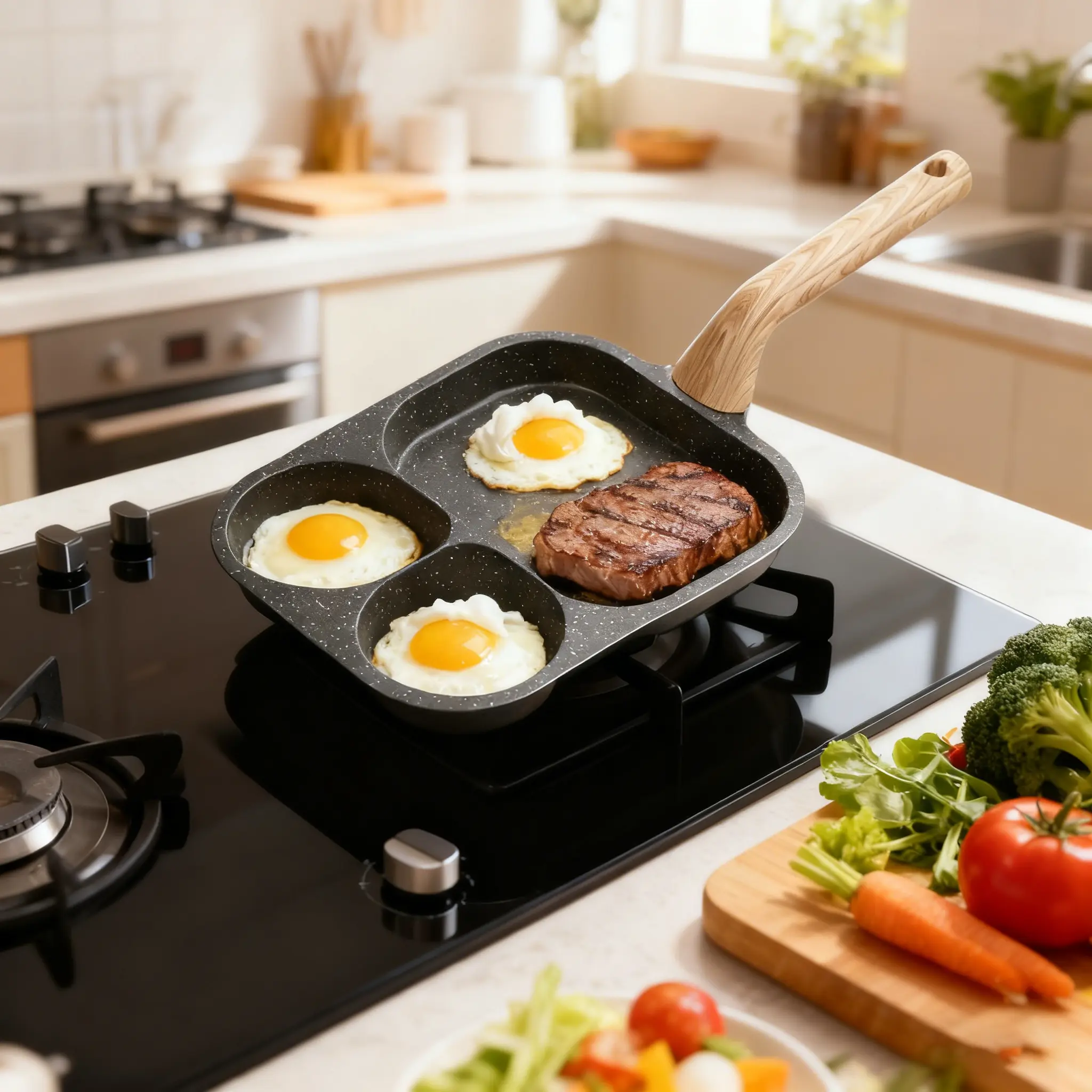 Non-stick Egg Frying Pan, 3 Holes Skillet With Handle, Nonstick 3-In-1 Divided Grill Pan - Multi-Use Egg Cooker, Omelette/Pancake Pan with Steak Function, Gas/Induction Compatible + Free Oil Brush & Scraper，Easy Clean，Breakfast Gadget，Family-Safe，