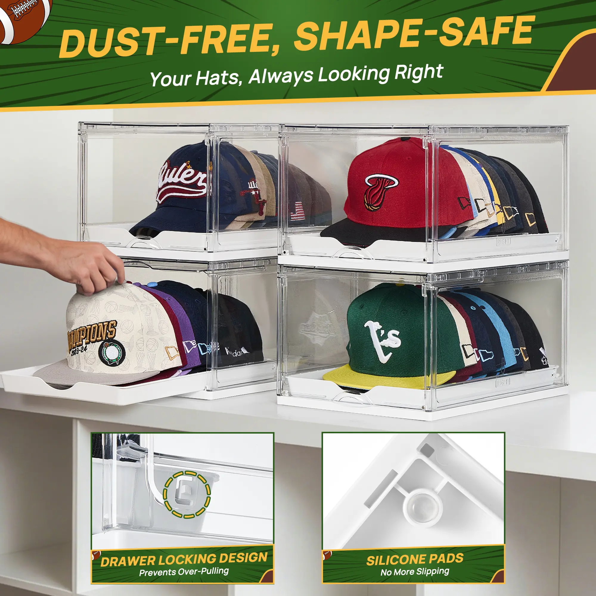 Father’s Day Gift – Stackable Hat Organizer with Clear Display, Sliding Drawer & Magnetic Door, Holds up to 12 Caps Each