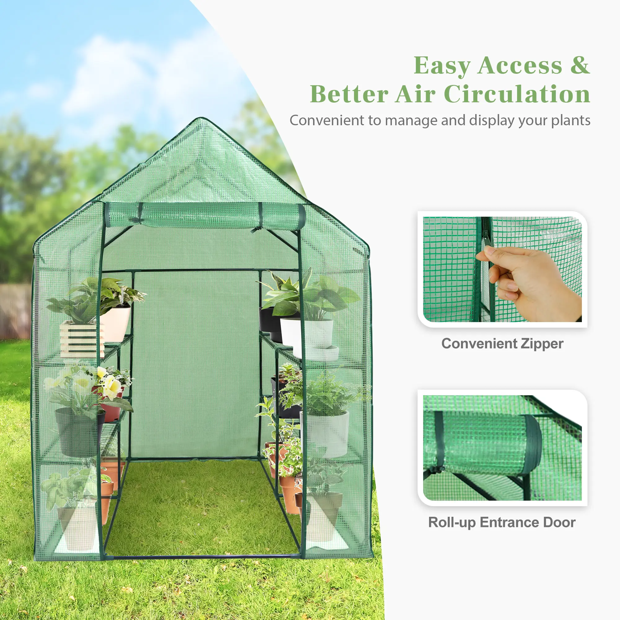 Portable Walk-In Greenhouse with Roll-Up Zipper Door PE Cover Greenhouses for Garden, Backyard - Three Sizes