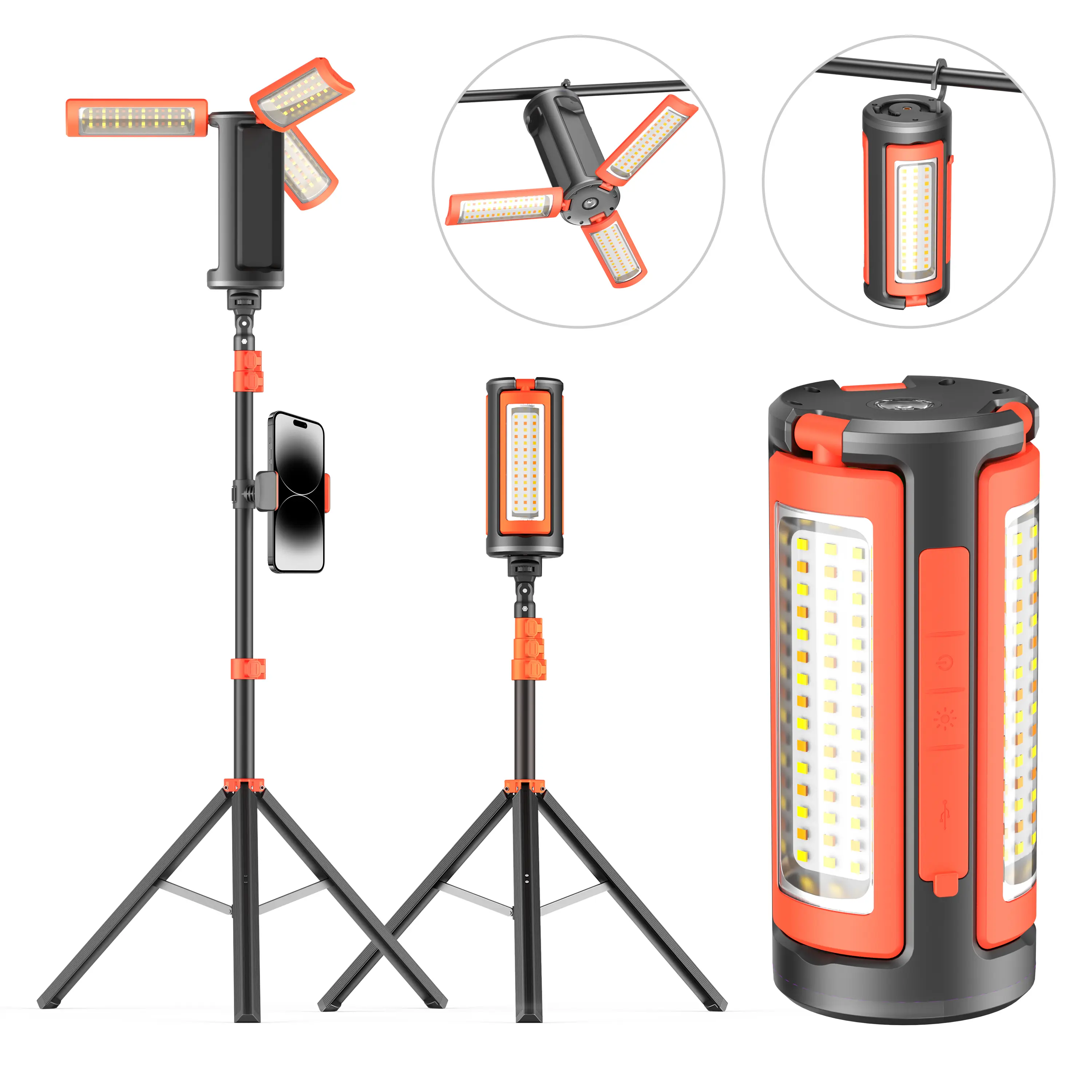 3-Head LED Camping Light - 10000mAh Power Bank, 67" Adjustable Stand, Detachable Tripod, High Power Flashlights, LED Flashlight Rechargeable, Rechargeable Spotlight, Portable Work Light, Work Accessories, Tech Gadgets for Outdoor, Emergency Use,summervibe