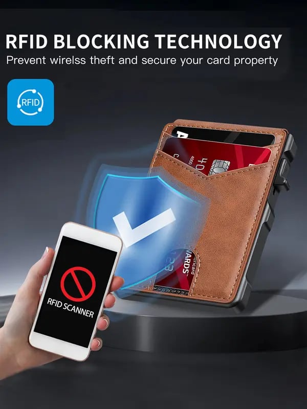 Slim Wallet for Men with Pop-Up Aluminum Case, RFID Blocking | Minimalist Leather Bifold Card Holder