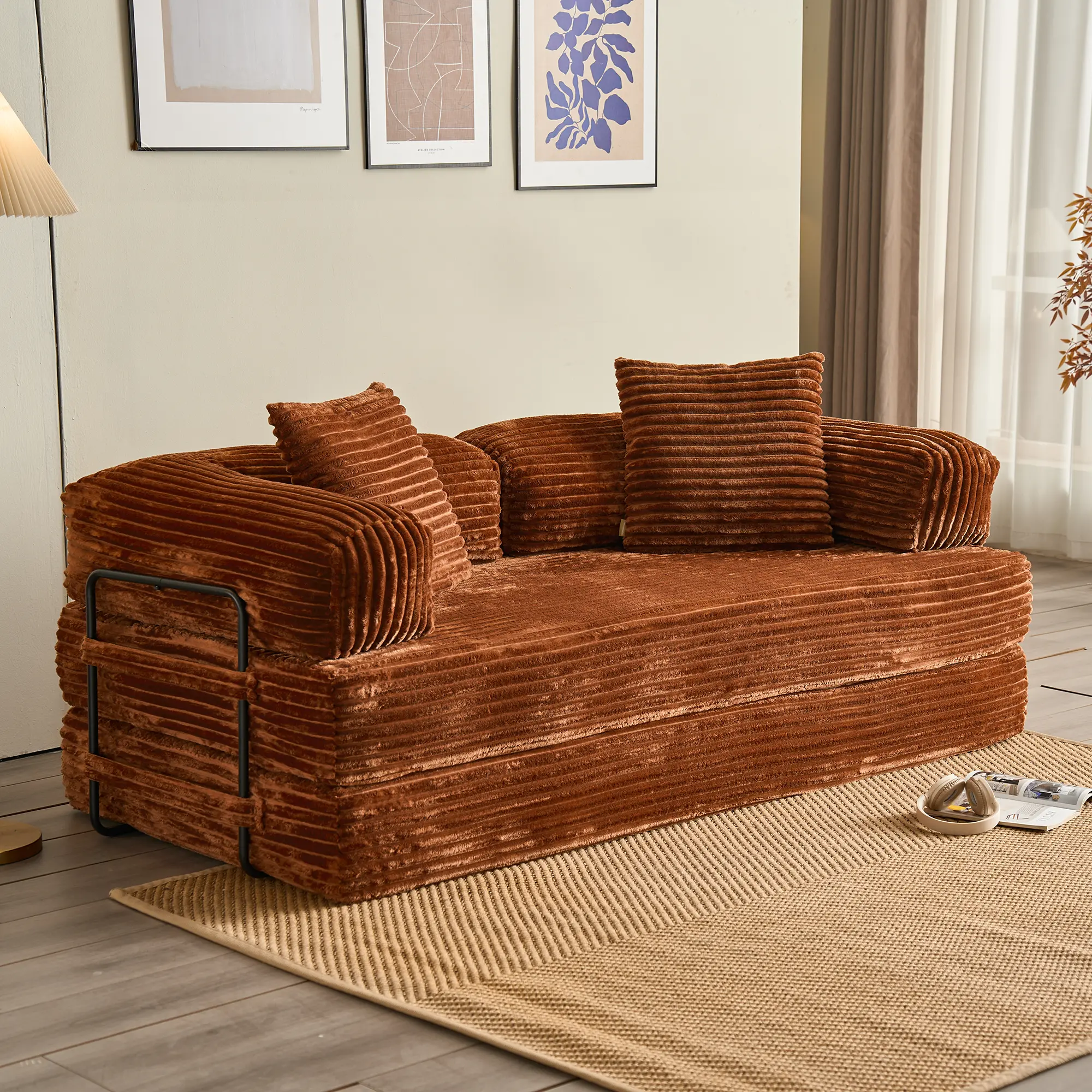 80"Oversized Boneless Couch, 5-in-1 Convertible Sleeper Sofa Bed, Deep Seat Corduroy Modular Floor Sofa, Foldable Pull-Out Couch for Living Room, Apartment,No Assembly