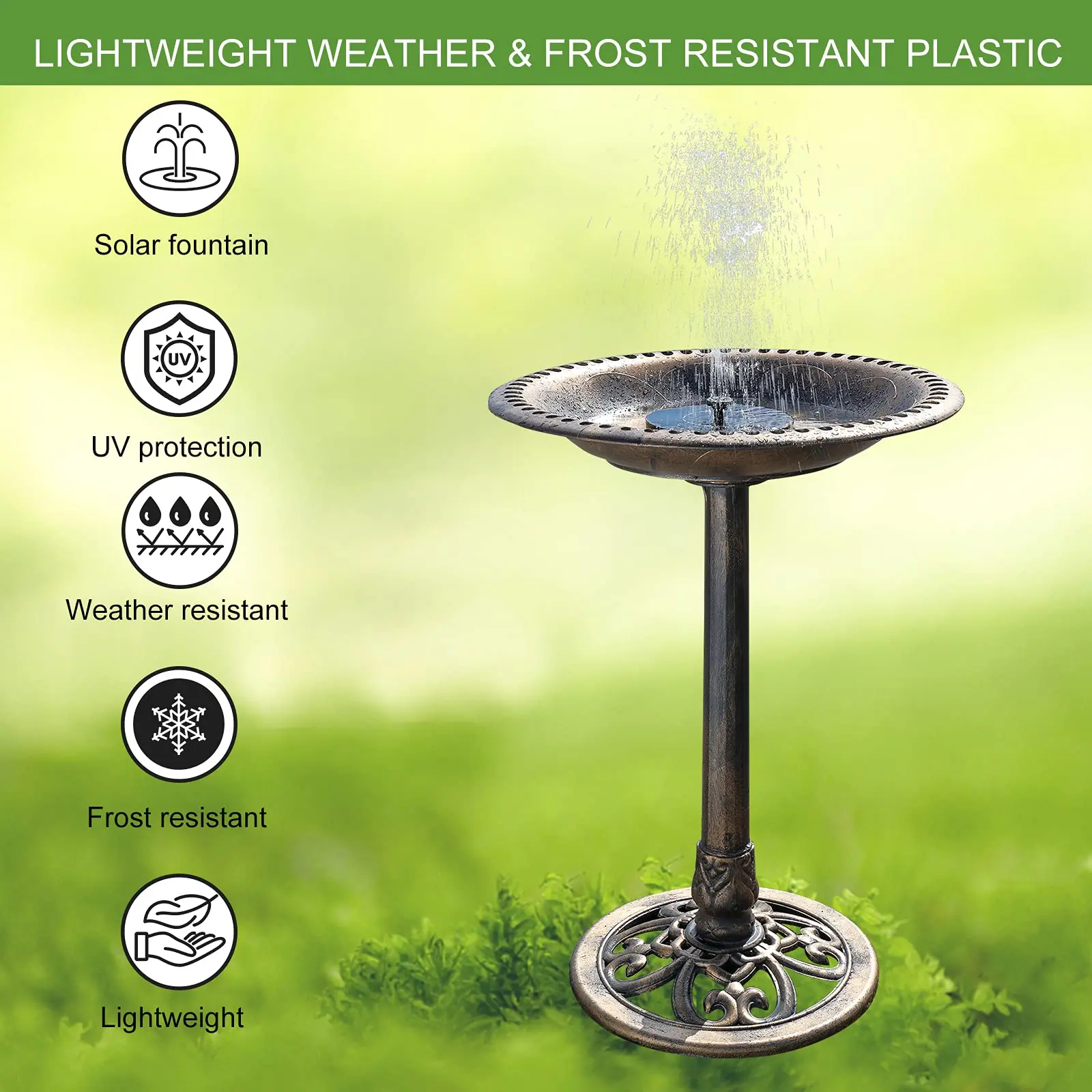 28'' Bird Bath with Solar Fountain – Antique Copper Resin Pedestal Birdbath for Outdoor Garden & Patio Decor
