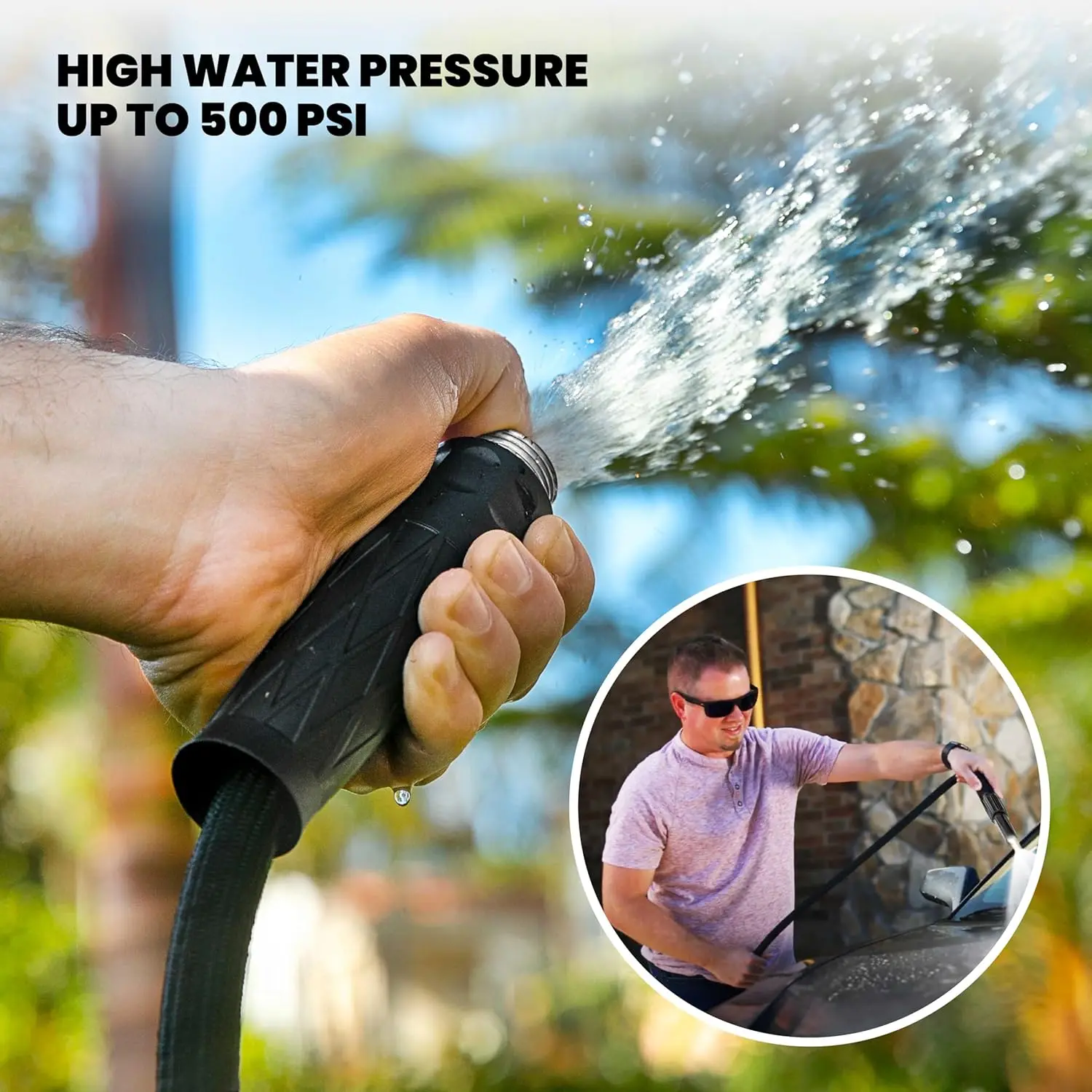 Heavy Duty 3-Layer Garden Hose with Spray Nozzle - 500 PSI High Pressure Stainless Steel Flexible Water Hose, Kink Resistant for Yard & Car Washing