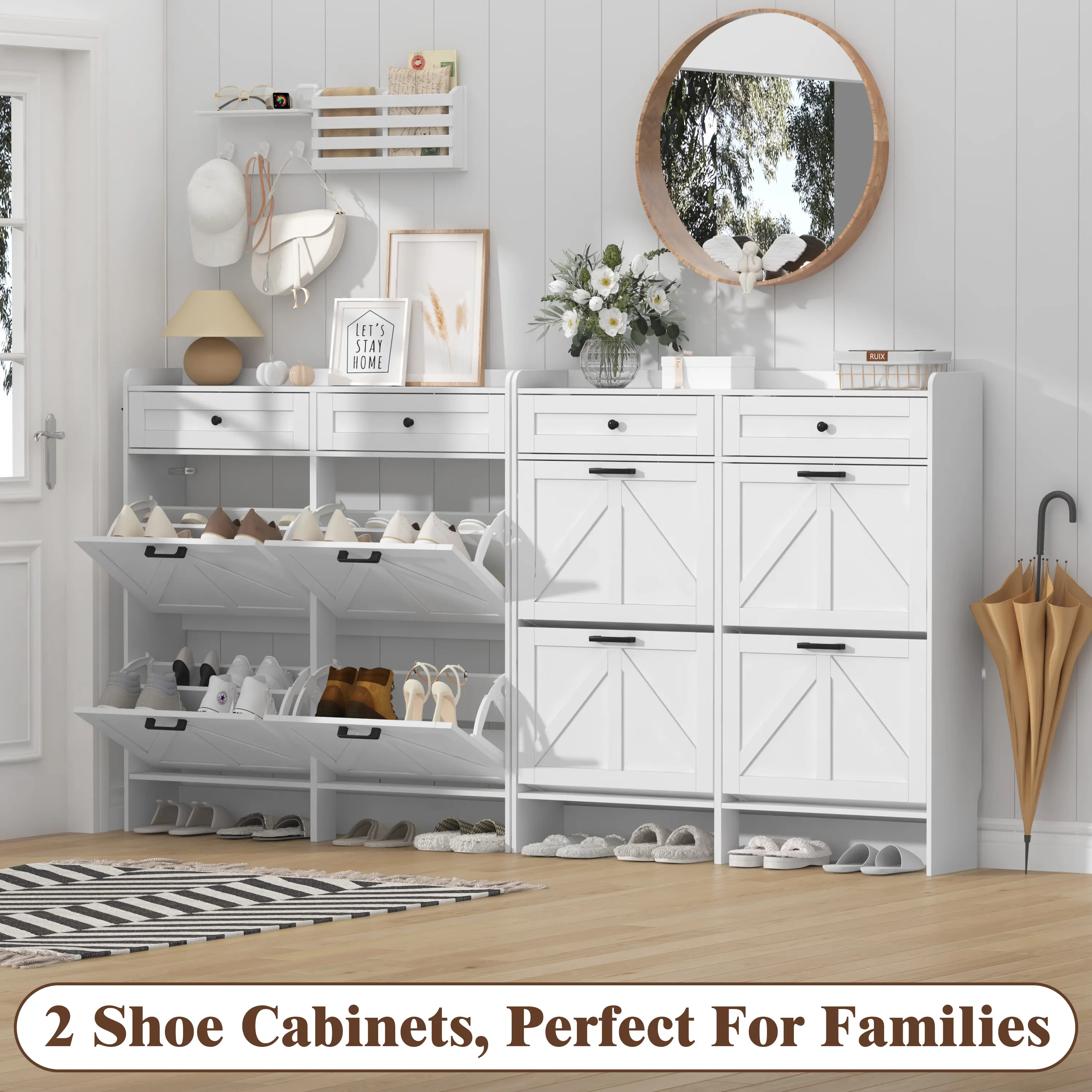 Shoe Storage Cabinet for Entryway, Farmhouse Wide Shoe Cabinet with 4 Flip Drawers and 2 Top Drawers, Freestanding Organizer with Adjustable Shelves, Hooks