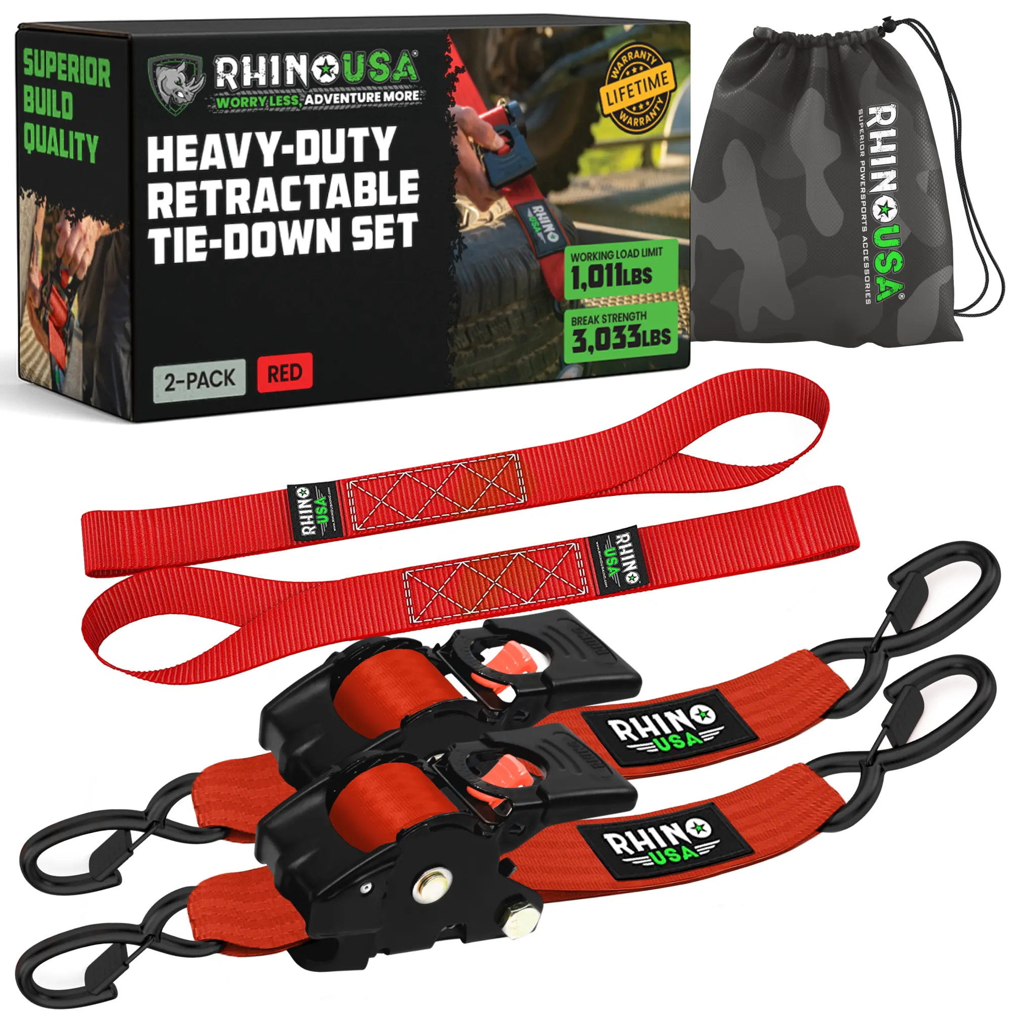 2" x 10' Retractable Ratchet Straps 2- or 4-Pack - (3,033lb Break Strength) - Heavy Duty Self Retracting Tie Down Straps for Truck, Cargo Trailer