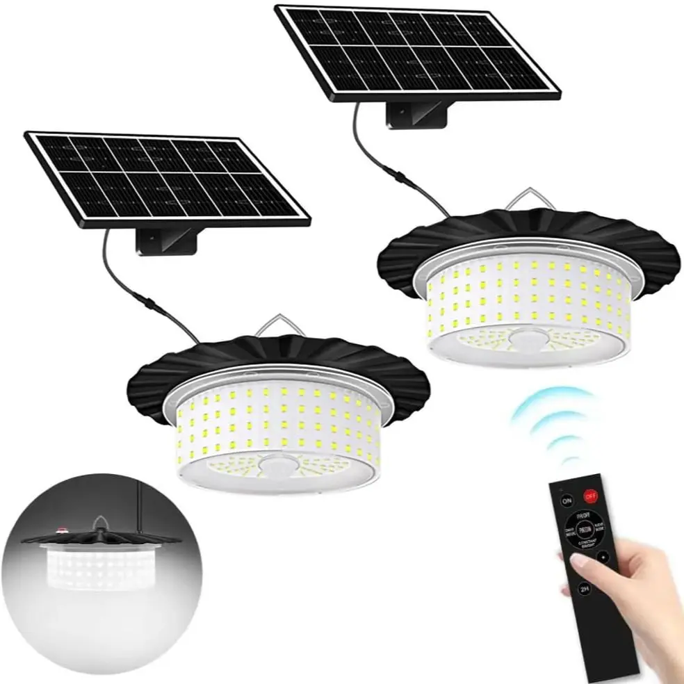 Solar Light Outdoor Motion Sensor Lights, 360° Lighting Waterproof Solar Powered Pendant Light with Remote Control for Home, Shop, Garage, Patio, Yard