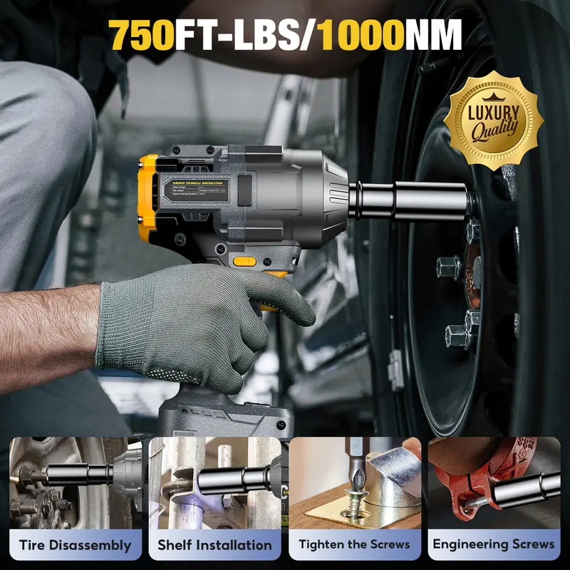 1000NM Impact Wrench, 2x 4.0Ah Batteries, Fast Charger, 6 Screwdriver Bit, 8 Drill Bit, 6 Sockets, For Car, Trucks