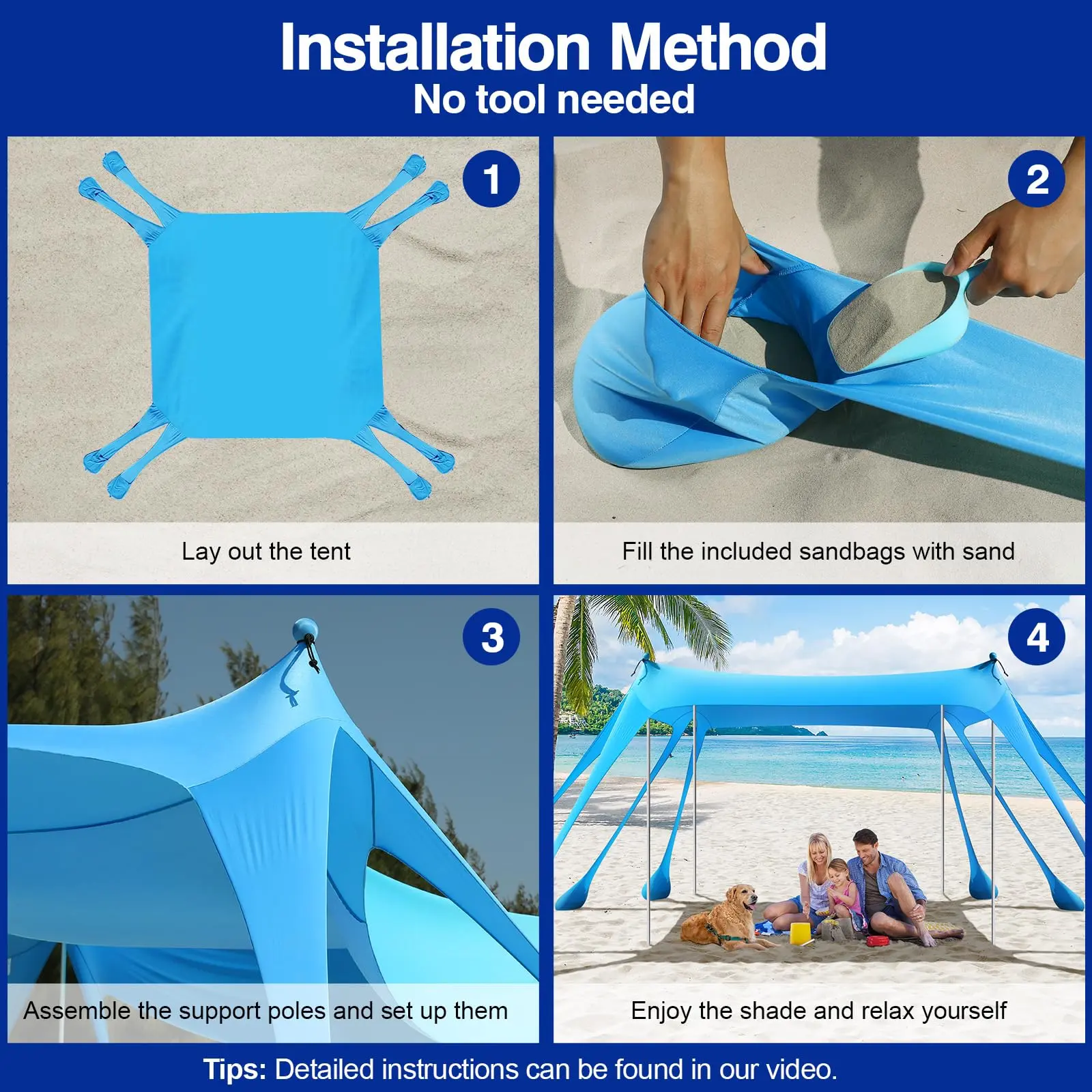 Beach Tent Sun Shelter, UPF 50+ Sun Shade Beach Canopy with 8 Sandbags & 4 Aluminum Poles, Large Portable Windproof Pop Up Beach Tent for Family Camping, Fishing, Backyard Picnic