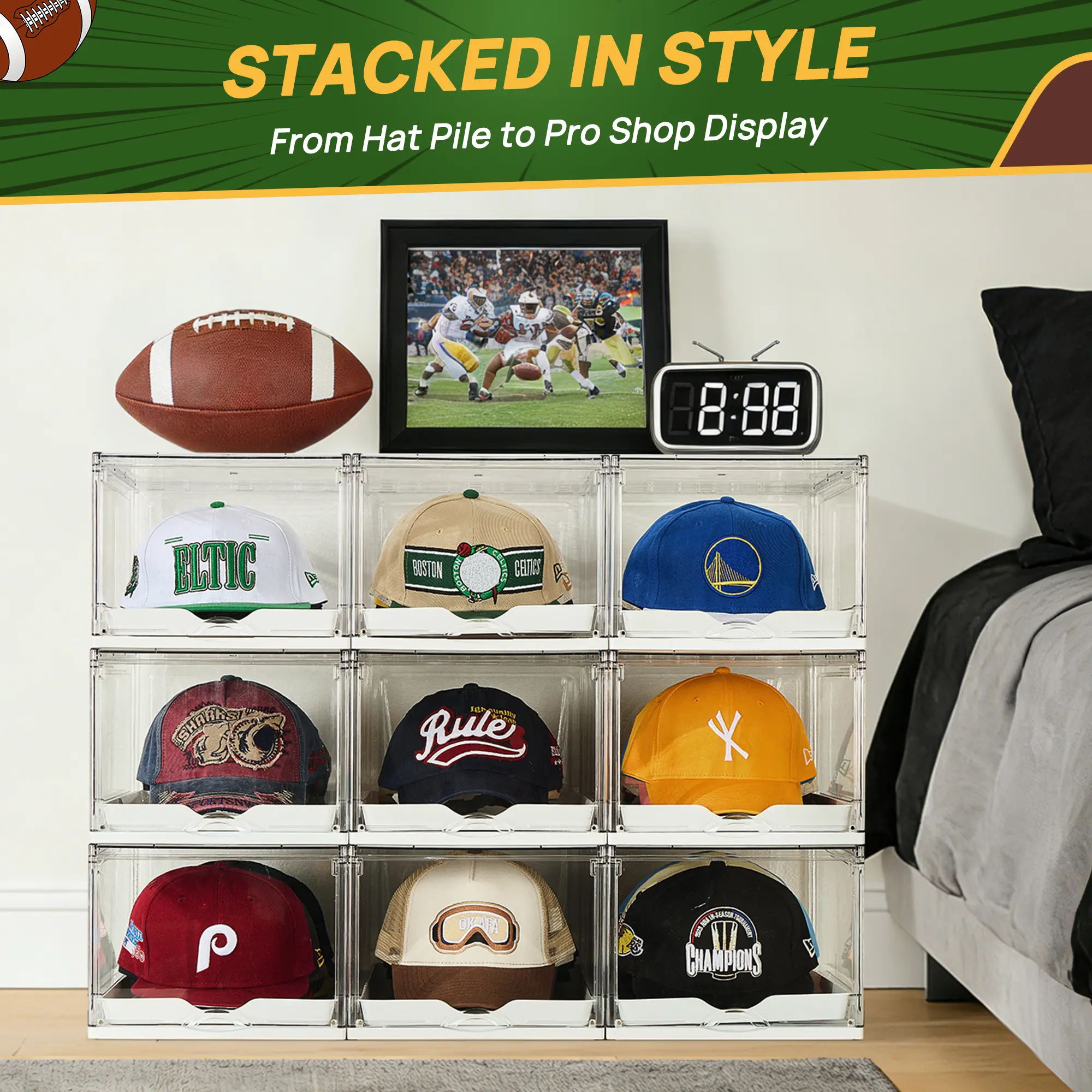 Father’s Day Gift – Stackable Hat Organizer with Clear Display, Sliding Drawer & Magnetic Door, Holds up to 12 Caps Each