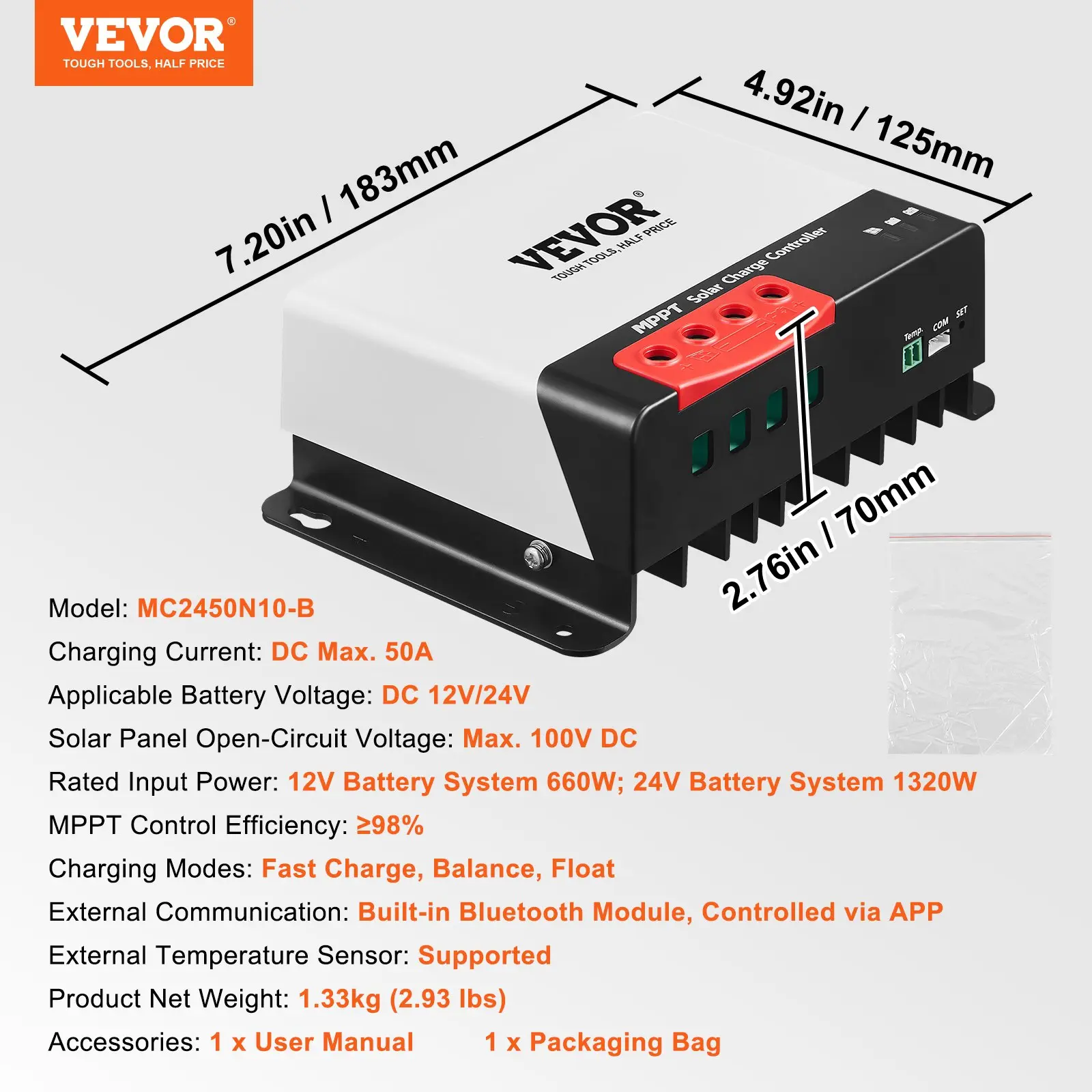 Pro-Grade 50A  Solar Charge Controller - 12V/24V Auto DC Input Panel Regulator Charger with Bluetooth Module for Lithium, Sealed, Gel & AGM Batteries, Off-Grid RV & Marine System