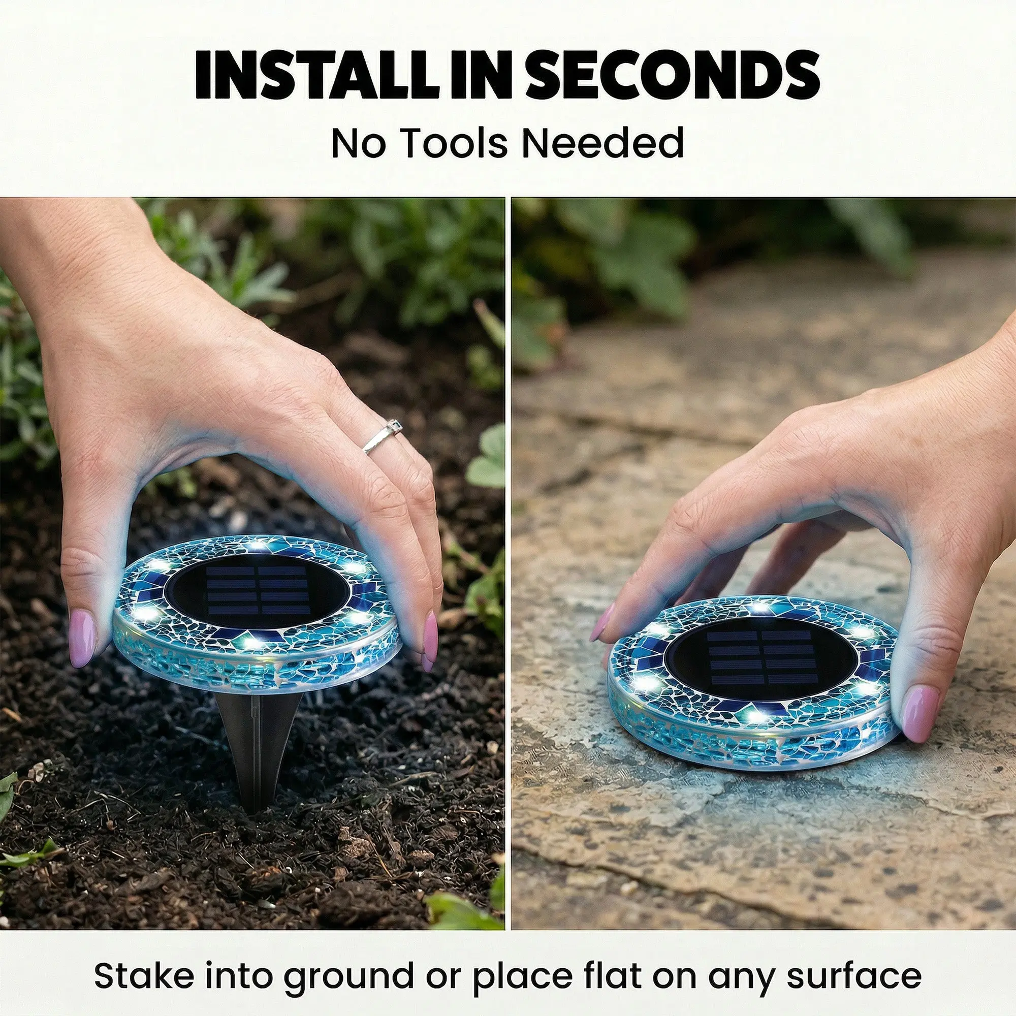 Solar Outdoor Mosaic Disk Lights, Waterproof Decorative Pathway LED Light, Auto On/Off