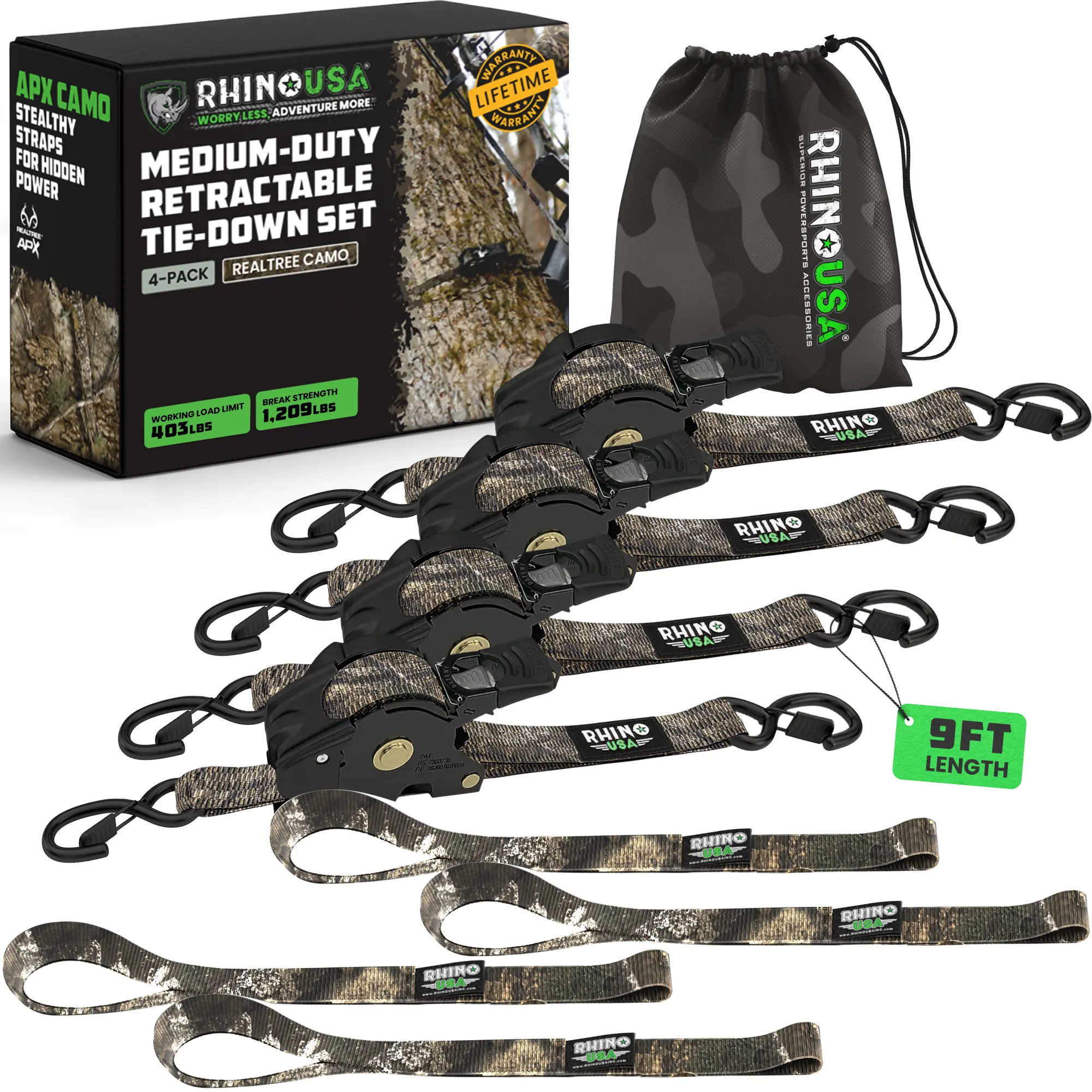 Rhino USA 1" x 10' Retractable Ratchet Straps (select 2 pack or 4 pack) - Medium Duty Self Retracting Tie Down Straps for Truck, Cargo Trailer