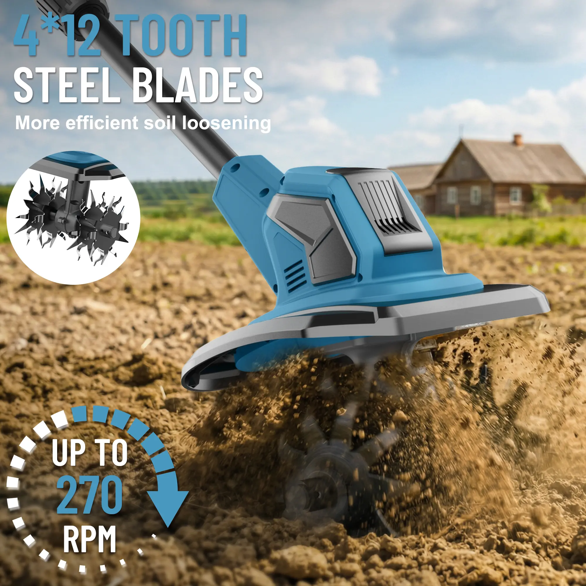 Cordless Cultivator & Tiller, 21V Electric Garden Tillers with 2×4000mAh Battery 120 Mins Runtime, 270 RPM Manganese Steel Blades, Lightweight 11.6 lbs, Ergonomic Design for Vegetable Plots Flowerbeds