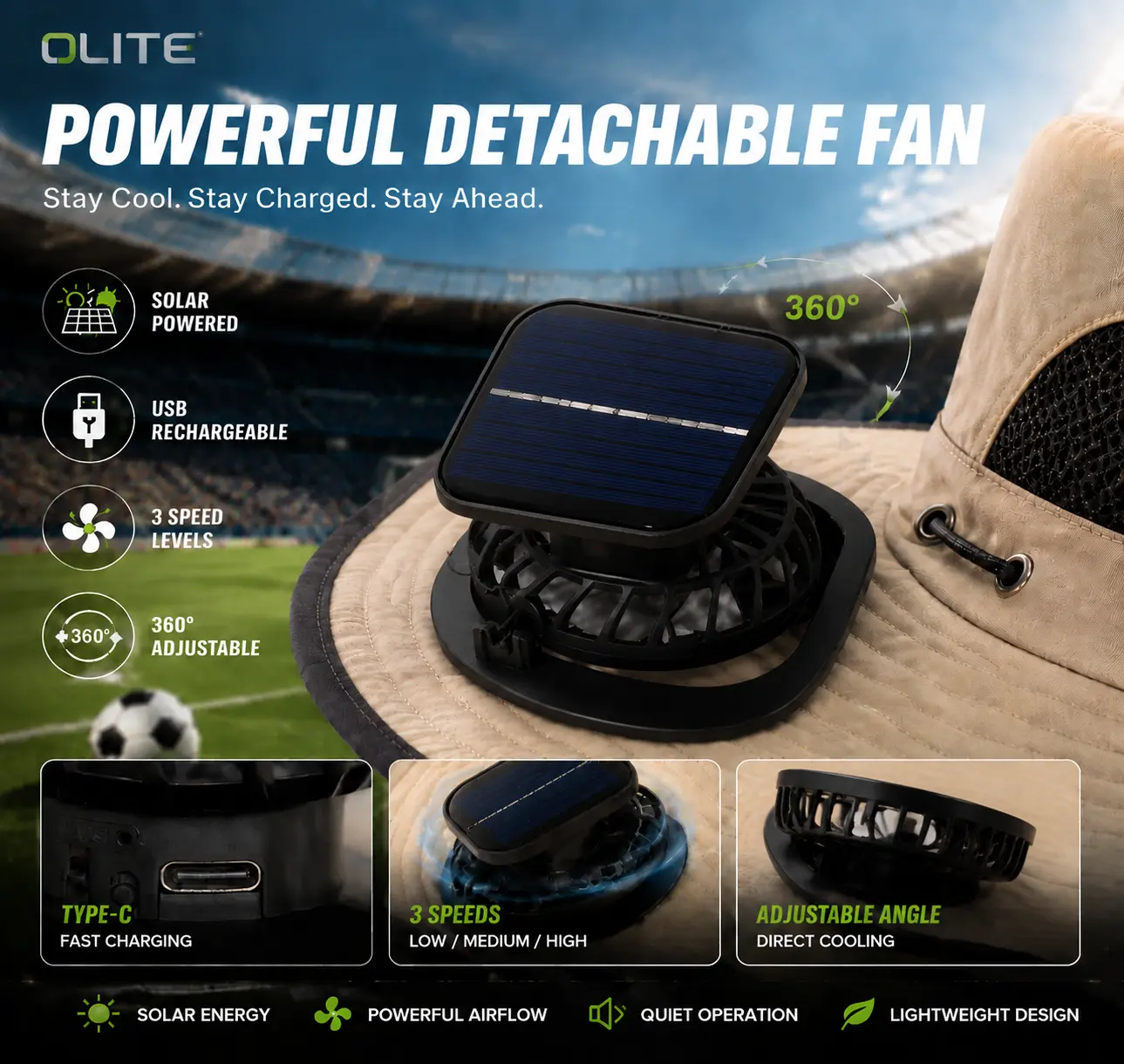 New Solar-Powered Outdoor Cooling Fan Hat — Sun Protection Hat with Solar Fan | Dual-Power Rechargeable Fan | Outdoor Water-Resistant Fan | Ideal for Sporting Events | Unisex Design