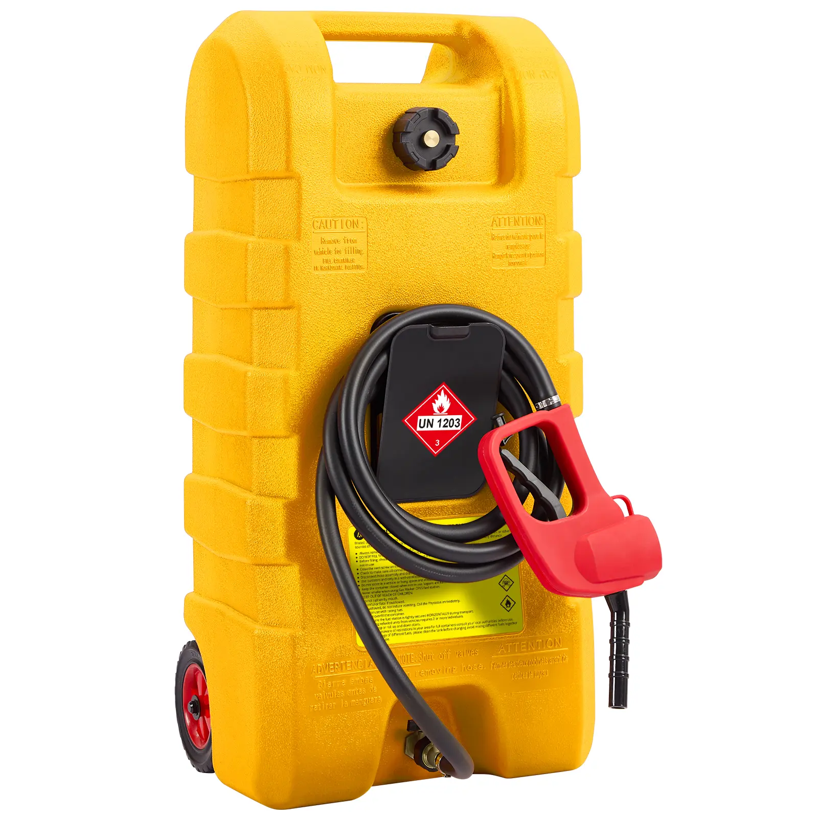 15 Gallon Portable Fuel Caddy with LE Pump & 10ft Hose for Gasoline Diesel Storage on Wheels for Cars Lawn Mowers ATVs Boats Red Yellow Gray Options