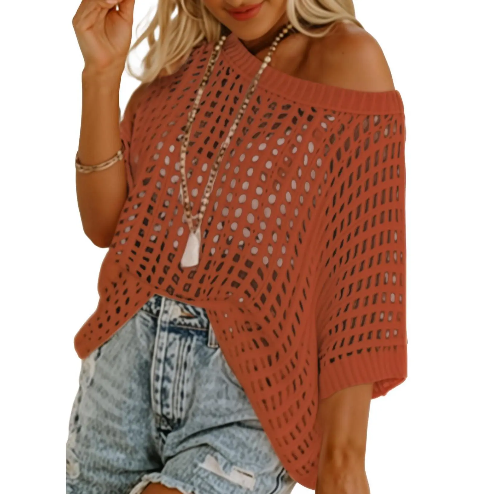 🎁2026 New Hot Sale 49% OFF - Womens Summer Scoop Neck Short Sleeve Sweater Casual Crochet Hollow Out Knit Tops Pullover Shirts Beach Coverup