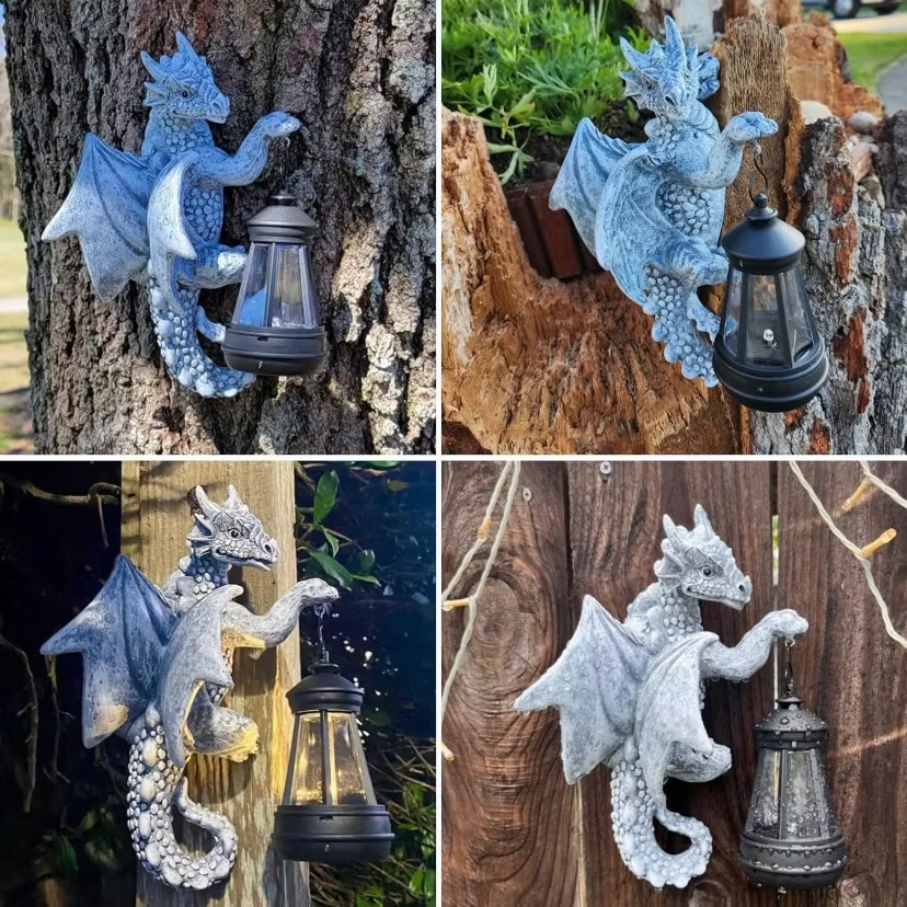 Garden Decor Dragon Hugging Tree Garden Statue with Solar Lantern