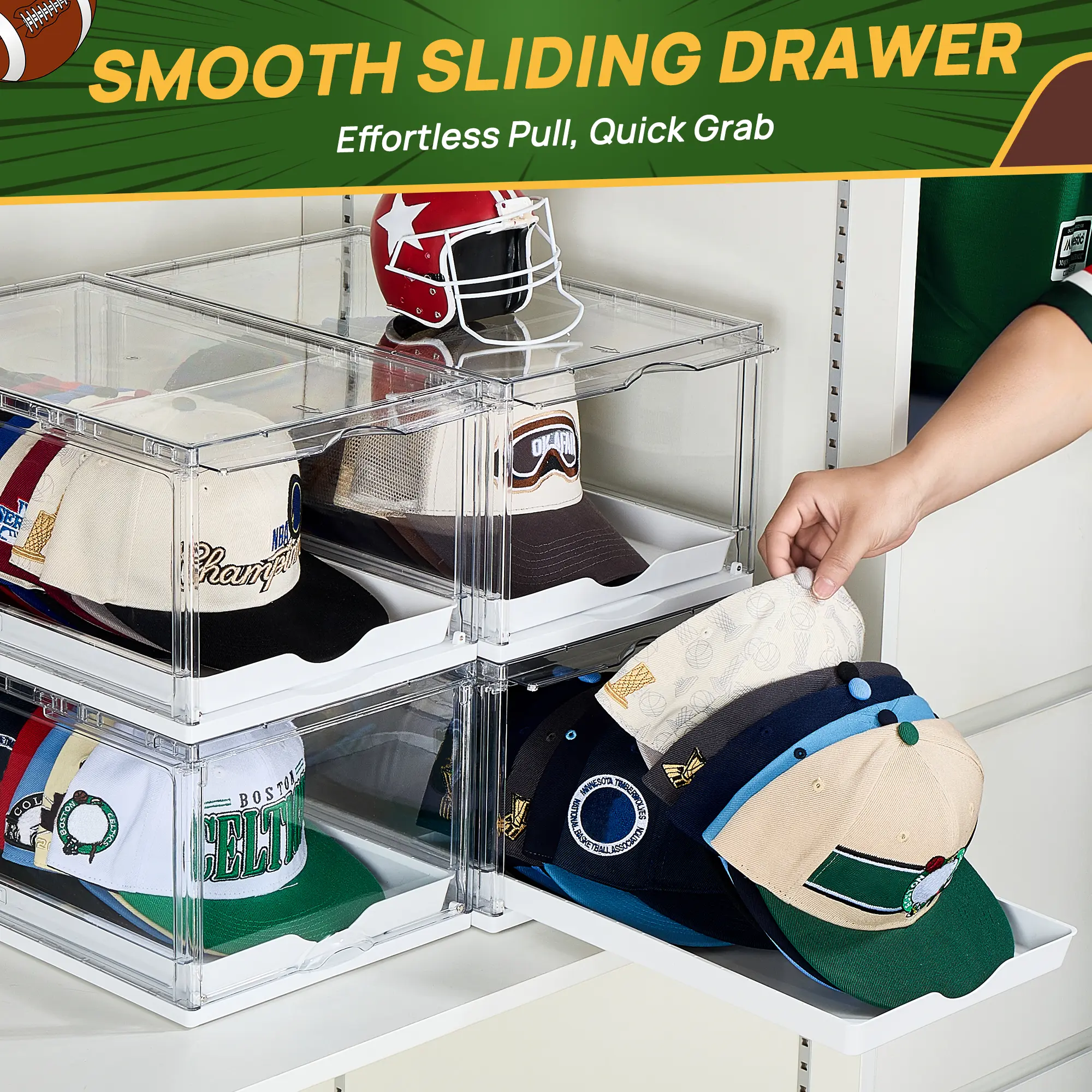 Father’s Day Gift – Stackable Hat Organizer with Clear Display, Sliding Drawer & Magnetic Door, Holds up to 12 Caps Each