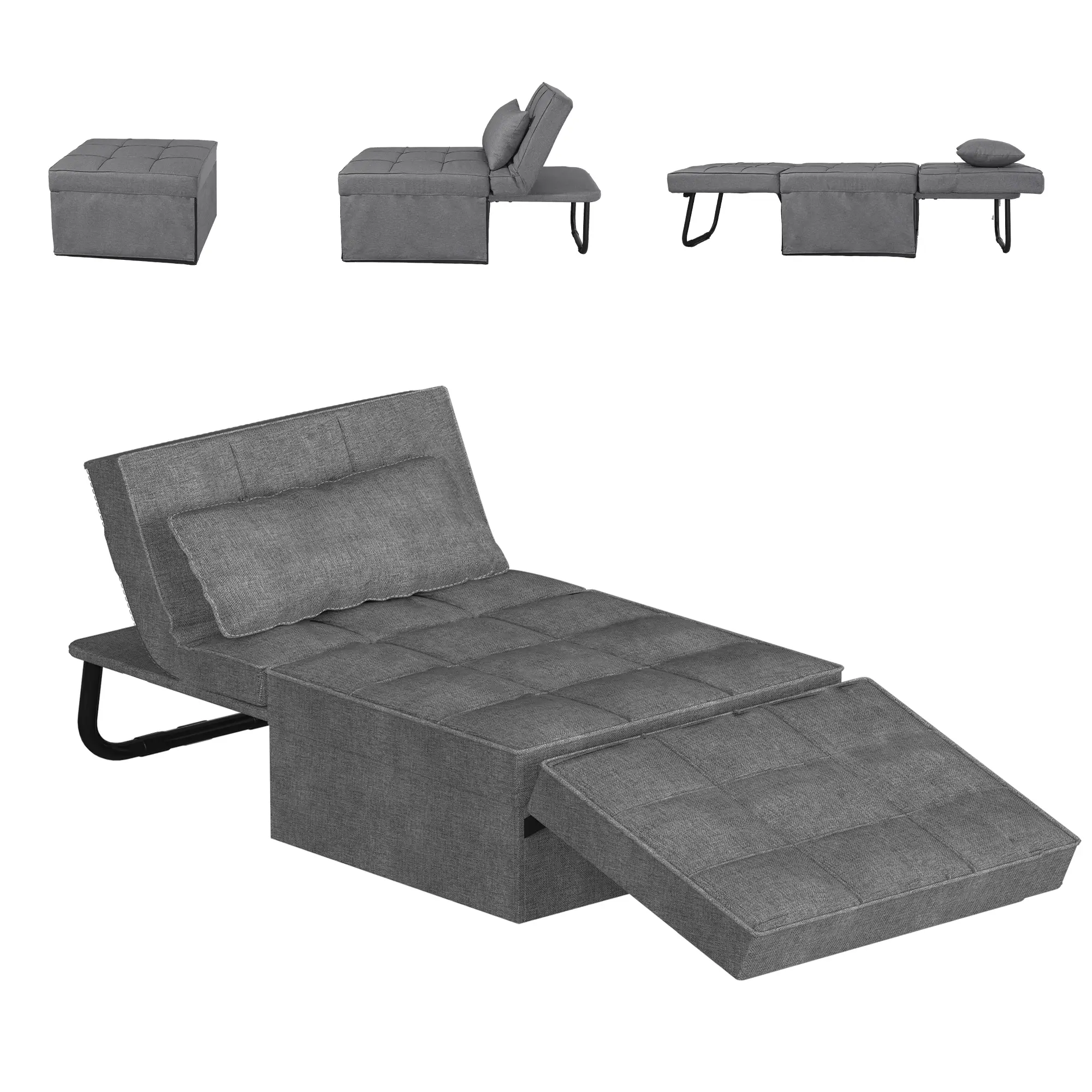 Convertible Sleeper Chair Sofa Bed - 5-Level Adjustable Backrest Multi-Function Upholstered Ottoman Futon, Adjustable Upholstered Couch, Furniture for Living Room (Grey, Beds Compatible)