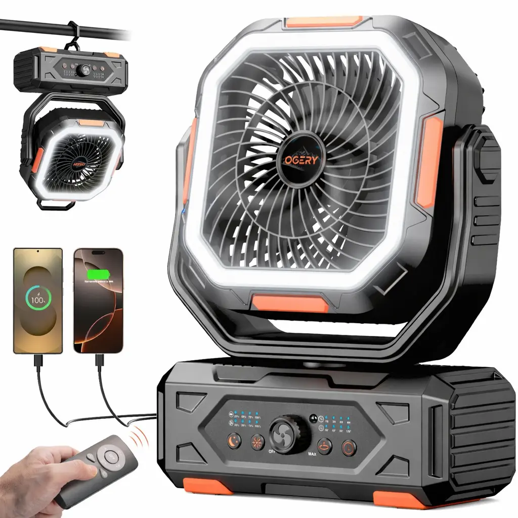 2026 Upgraded Camping Fan, 30000mAh Rechargeable Fan with LED Lights & 270° Pivot, Remote Control Shaking Head Desk Fan for Tent Travel Home Multifunction Outdoor Activities #Summervibes