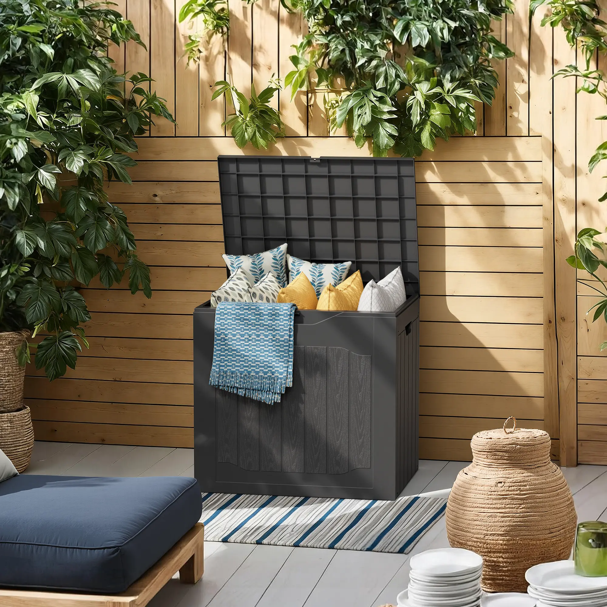 Outdoor Storage Box 35 Gallon Patio Deck Box with Handles, Patio Storage Deck Boxes Garden Resin Deck Storage Container Lockable Storage Box