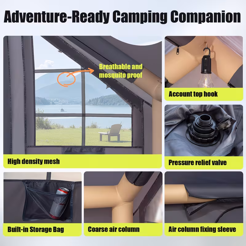Inflatable Camping Tent, with Electric Air Pump, 4 Season Windproof, Clear Skylight & 420D Oxford, Air Tent with Mesh Windows/Doors