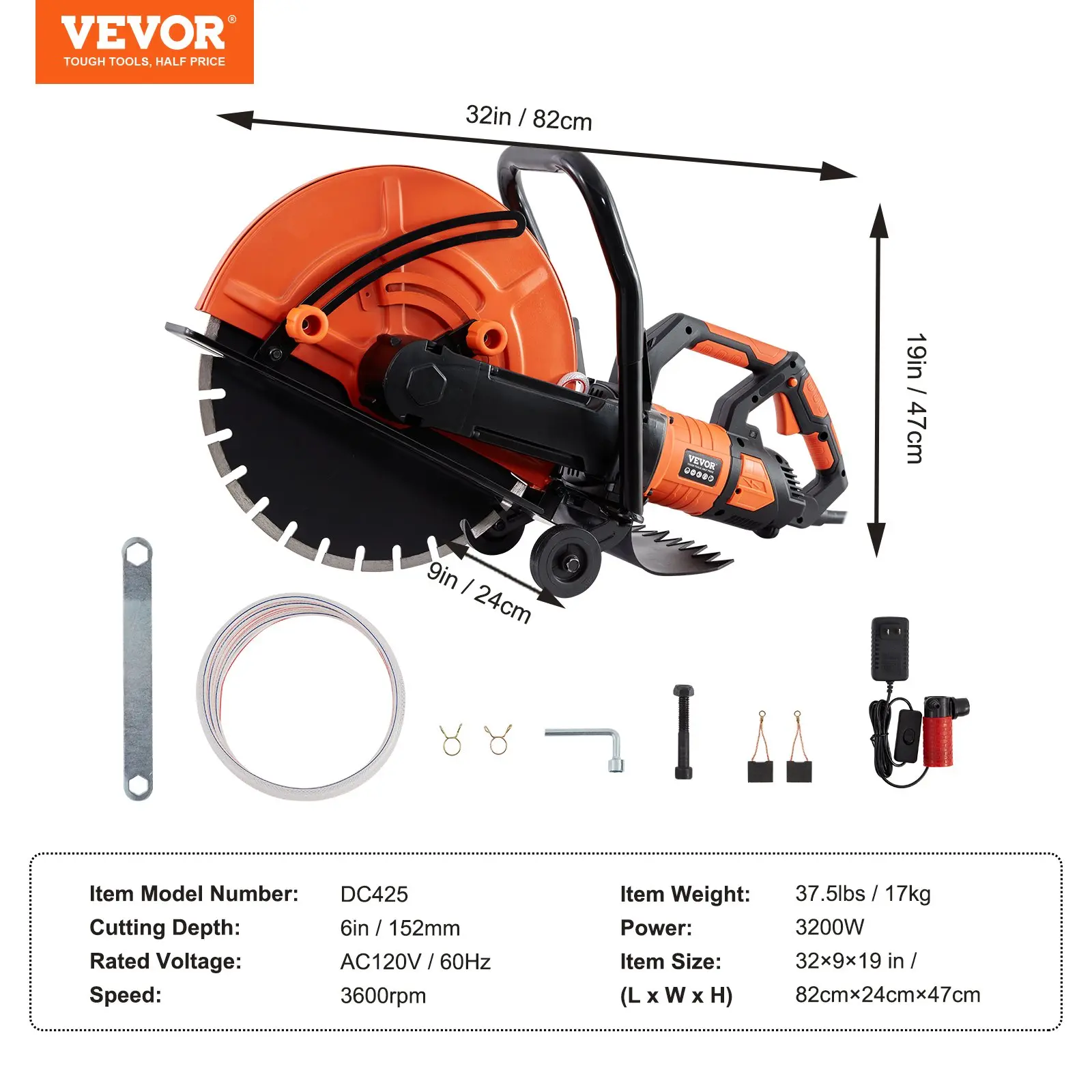 16'' Electric Concrete Saw – 3200W Circular Cutter with 6'' Cutting Depth, Water Pump & Blade for Stone & Brick