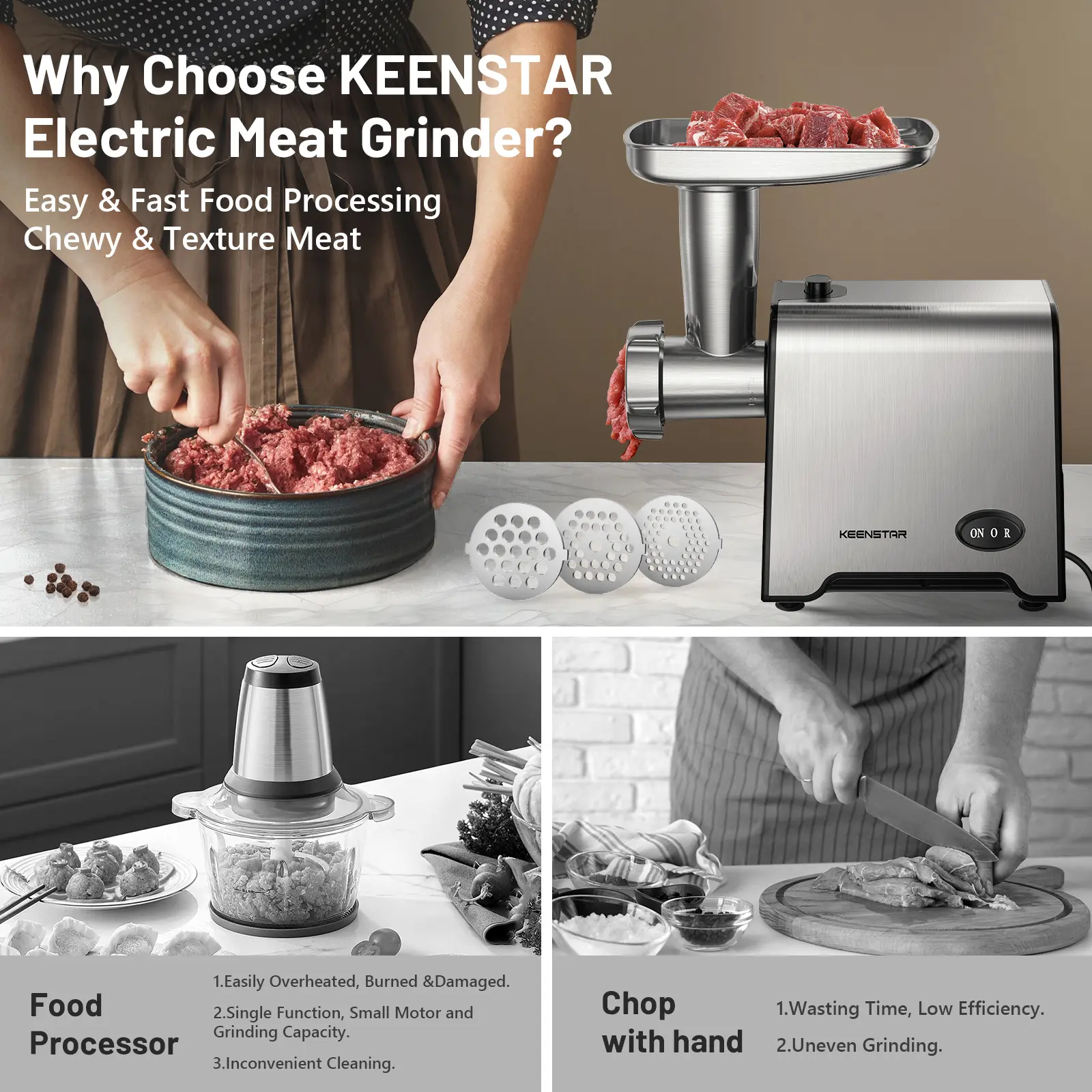 Electric Meat Grinder & Sausage Stuffer – 450W (3000W Max) Stainless Steel Food Grinder with 3 Plates & Kubbe Kit