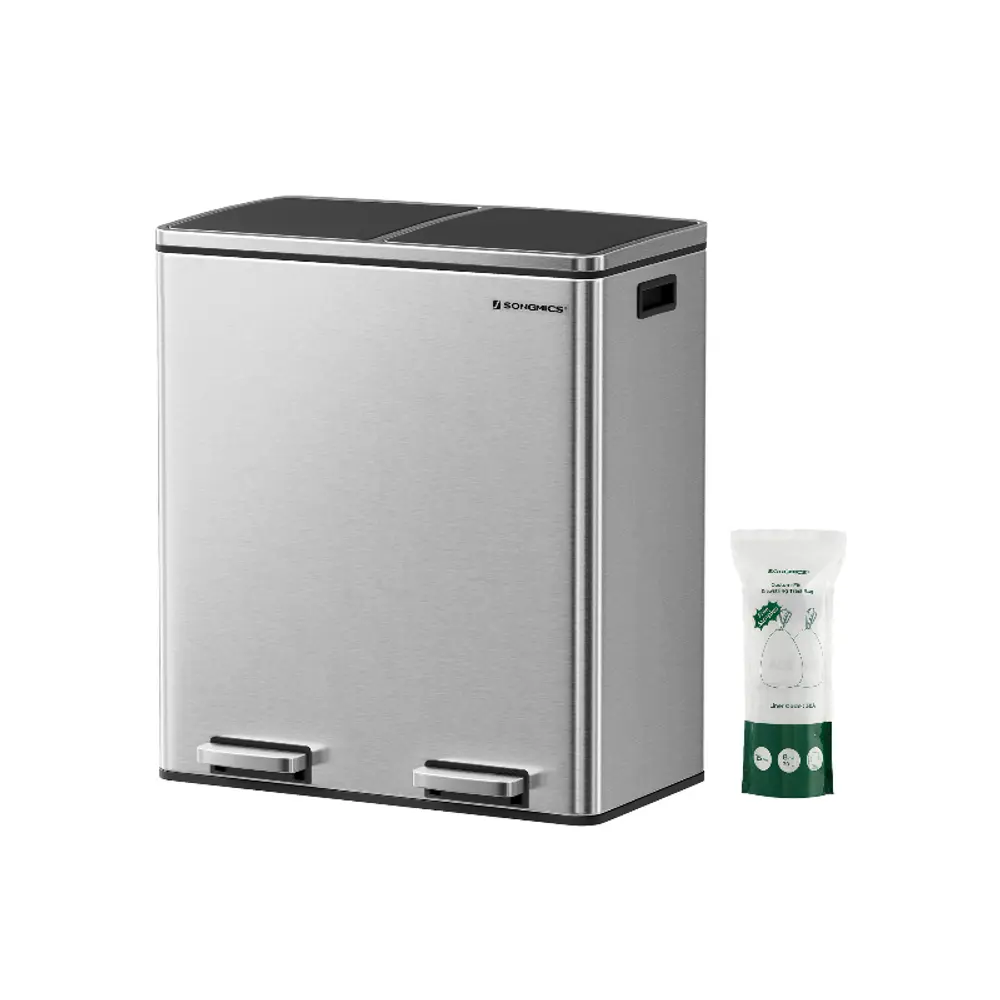Stainless Steel Trash Can – Multi-Compartment with Plastic Inner Buckets, Hinged Lids & Soft-Close, for Kitchen or Garage