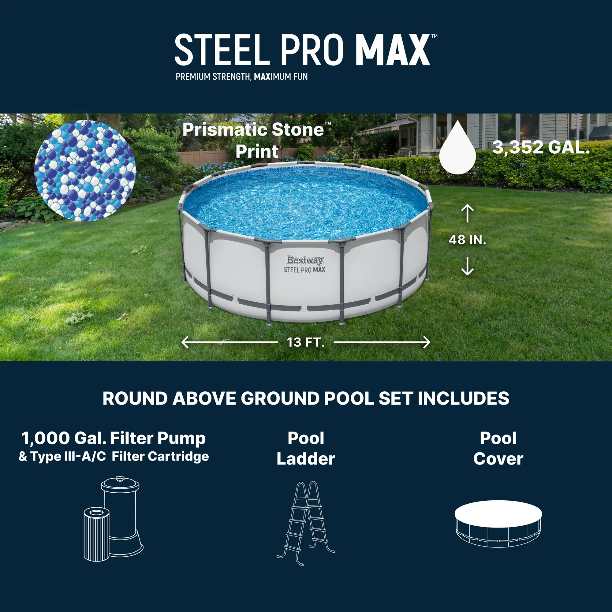 Steel Frame Above Ground Pool Set – Round Pool with Filter Pump, Ladder & Cover
