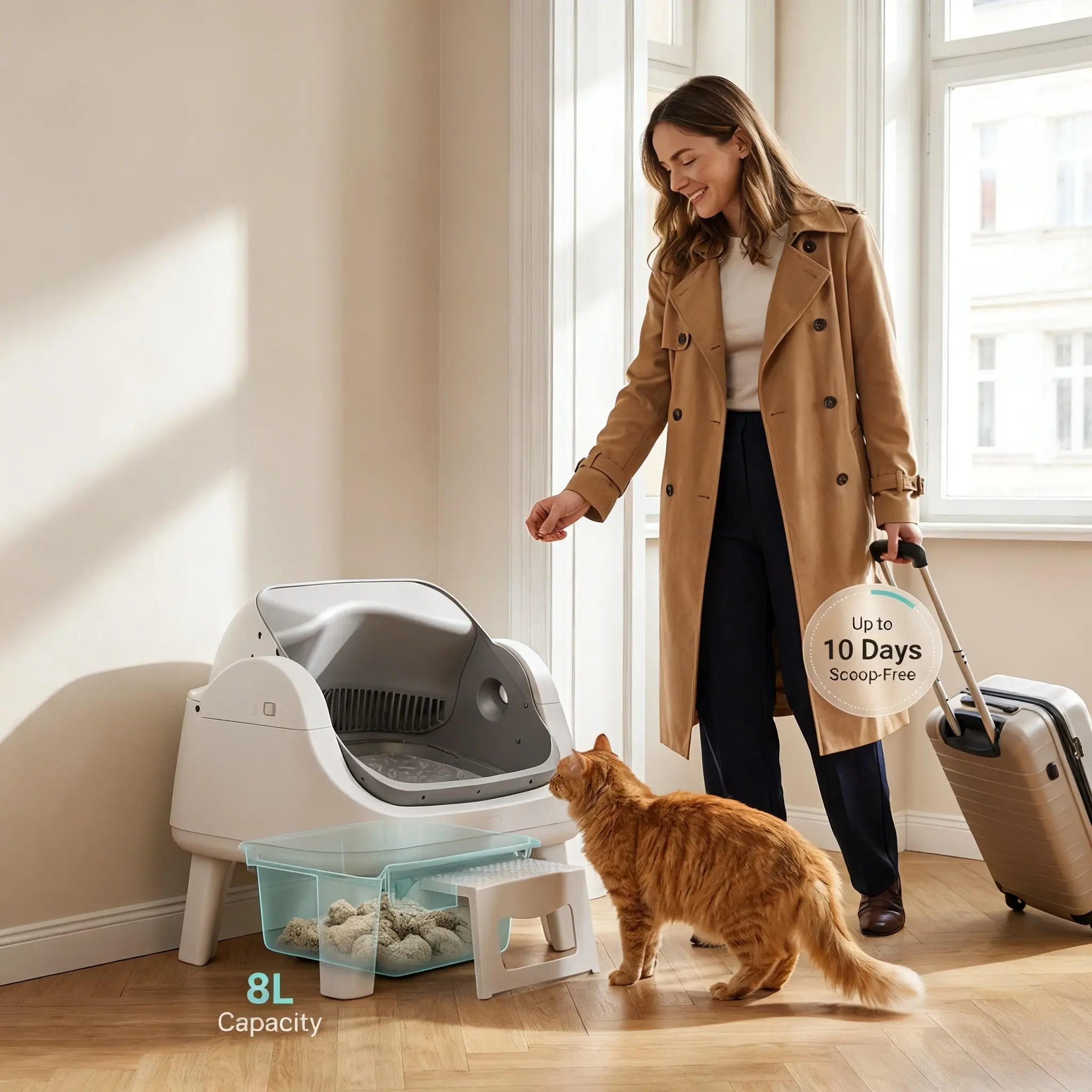 Open Top Self Cleaning Cat Litter Box, Automatic Litter Box with 7 Pairs of Safety Sensors, Anti-Pinch Protection, Easy Access Step for Senior Cats
