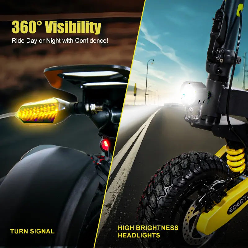 Electric scooter with a range of 40 miles, equipped with a 1200 W motor, top speed of 30 miles per hour, 11-inch all-terrain tires, front and rear shock absorbers, an LED display screen