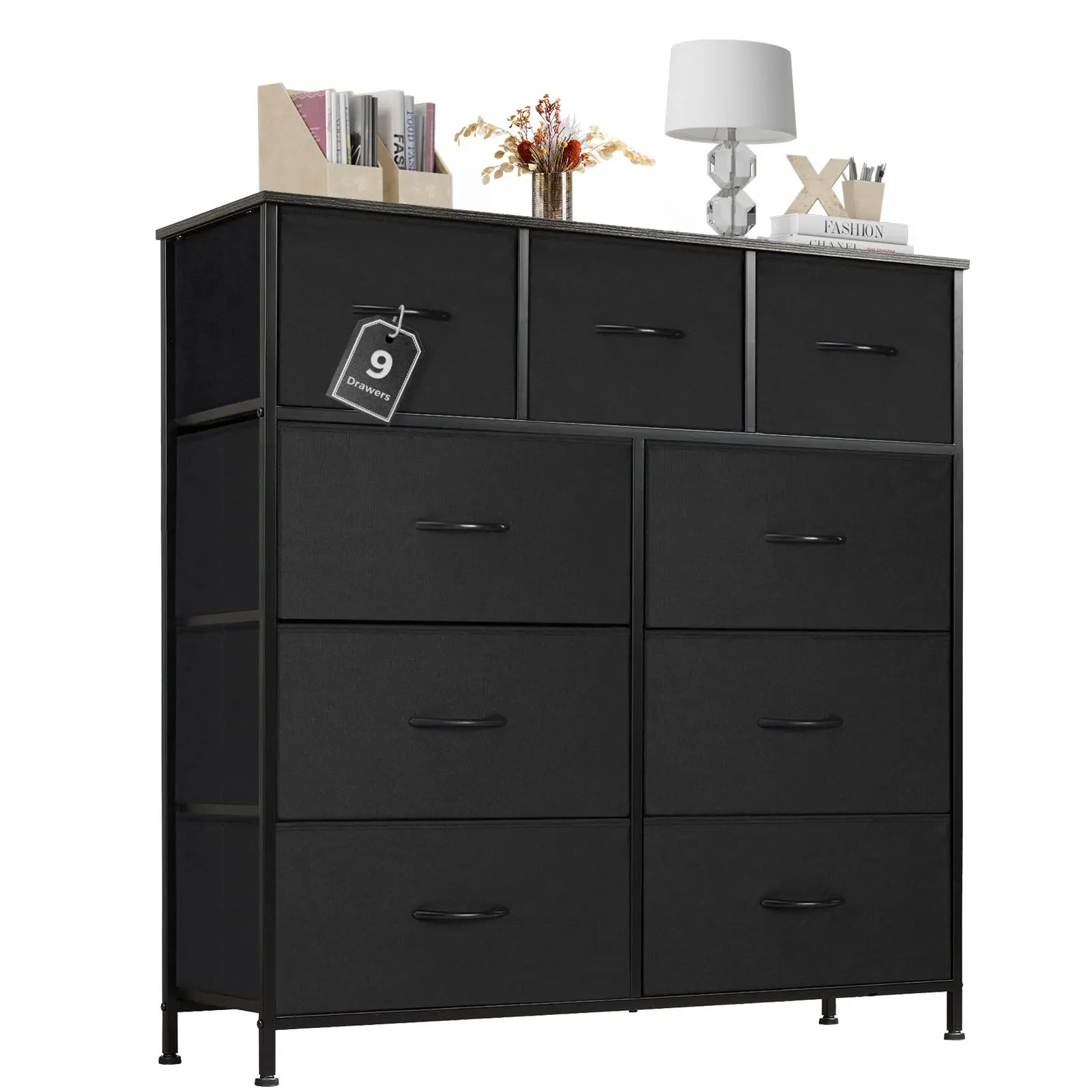 9 Drawers Dresser for Bedroom, Storage Drawers, Fabric Storage Tower Chest of Drawers with Fabric Bins, Sturdy Metal Frame