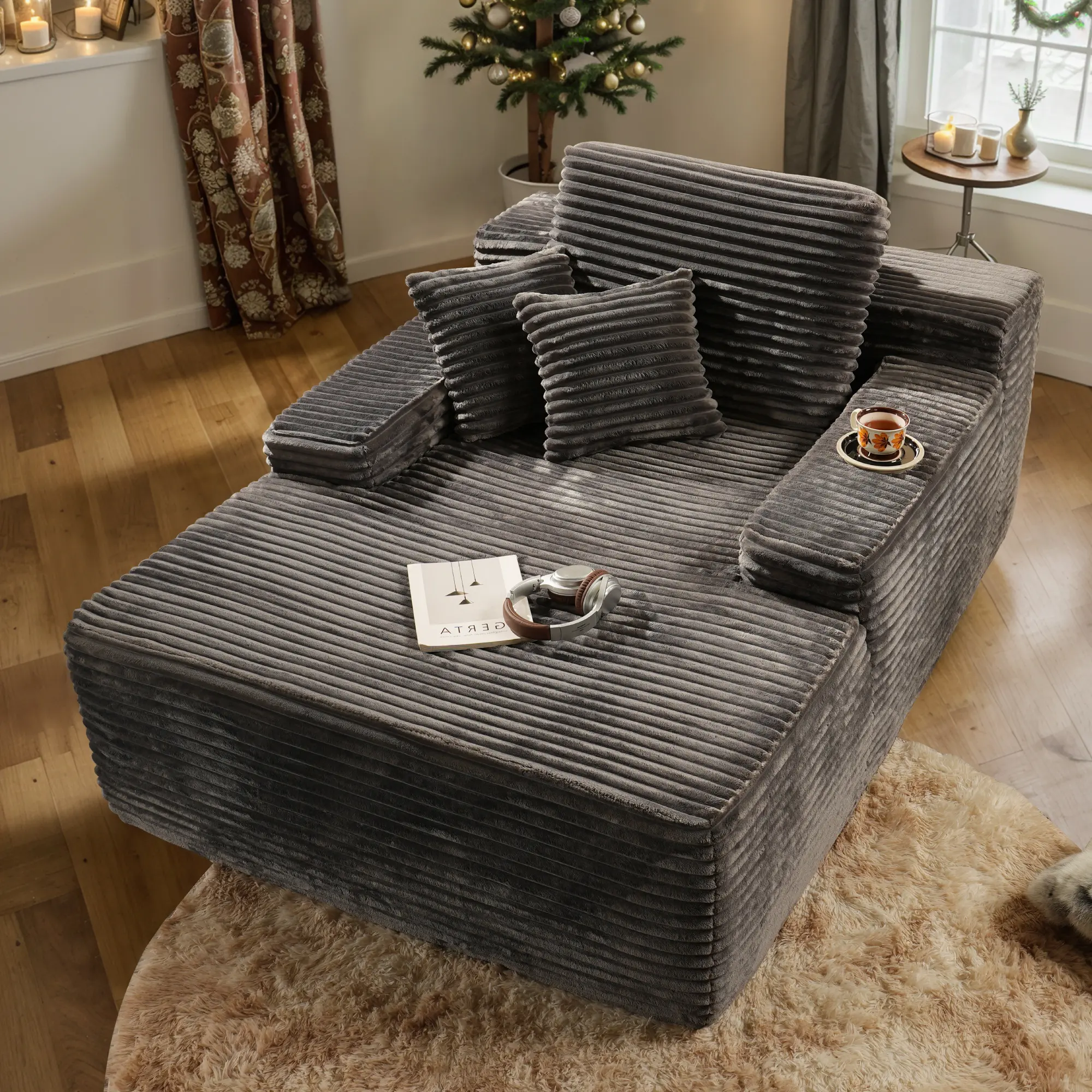 49'' Boneless Chaise Lounge with Cup Holders, Upholstered Sofa Bed with Throw Pillows and Armrests, Indoor Sleeper Chair- Luxurious Plush Corduroy Chair Bed for Living Room - No Assembly Required