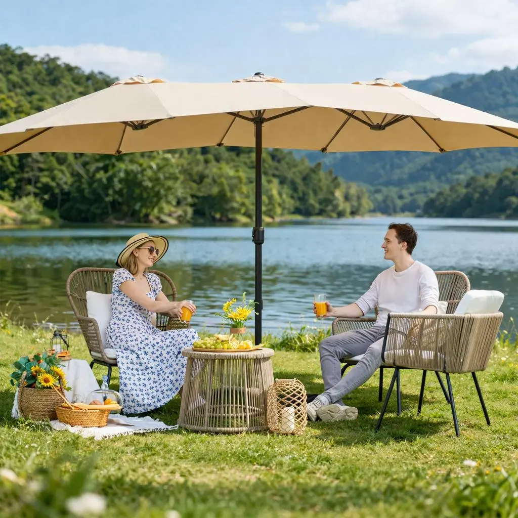 【On Sale】Massive 15/13ft Double-Sided Patio Umbrella | Heavy Duty & 2 Sandbags Included, Easy Crank for Garden Pool and Lawn
