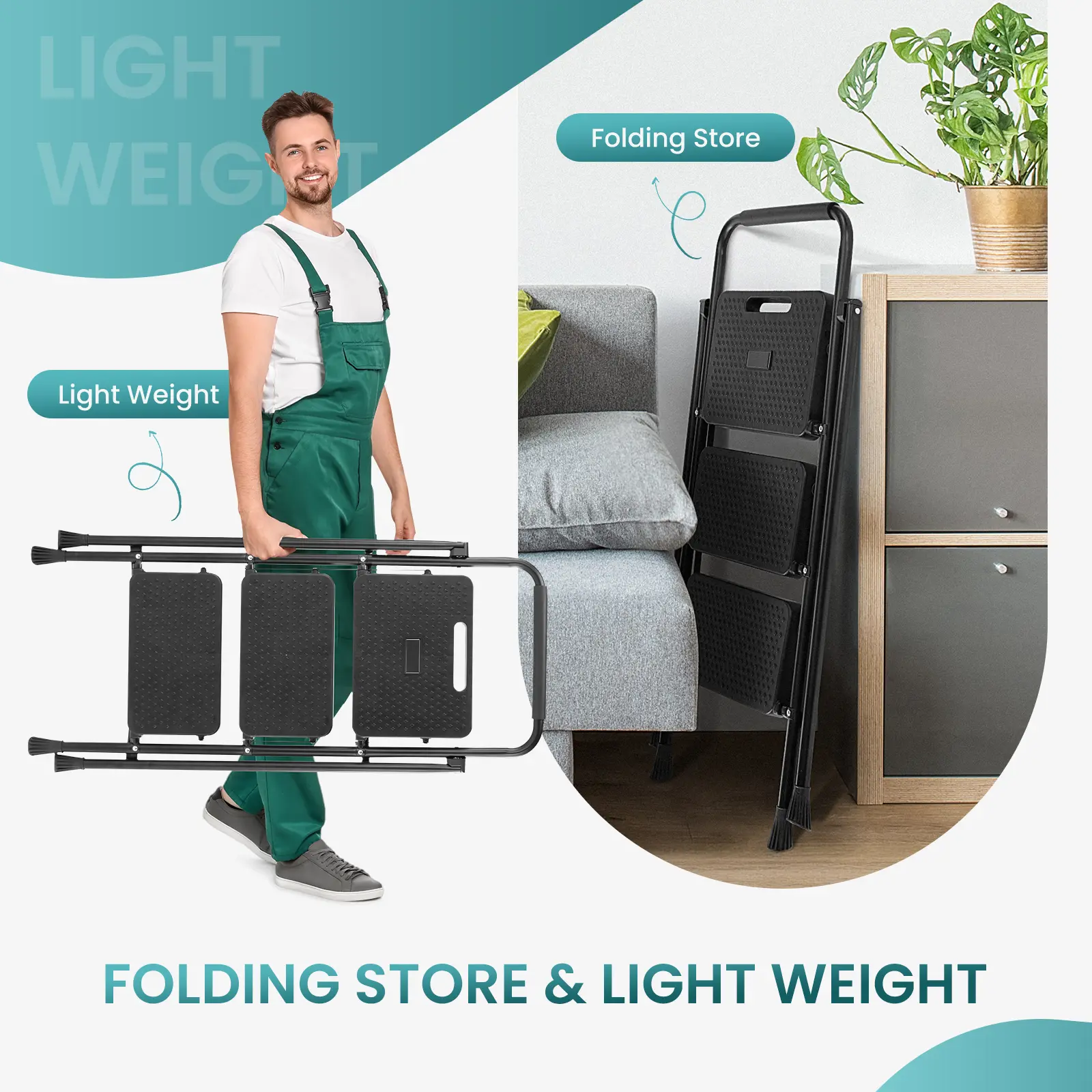 Step Ladder, Foldable Stool with Wide Pedal, Cushioned Handle, 800lbs Capacity for Home Kitchen and Outdoor