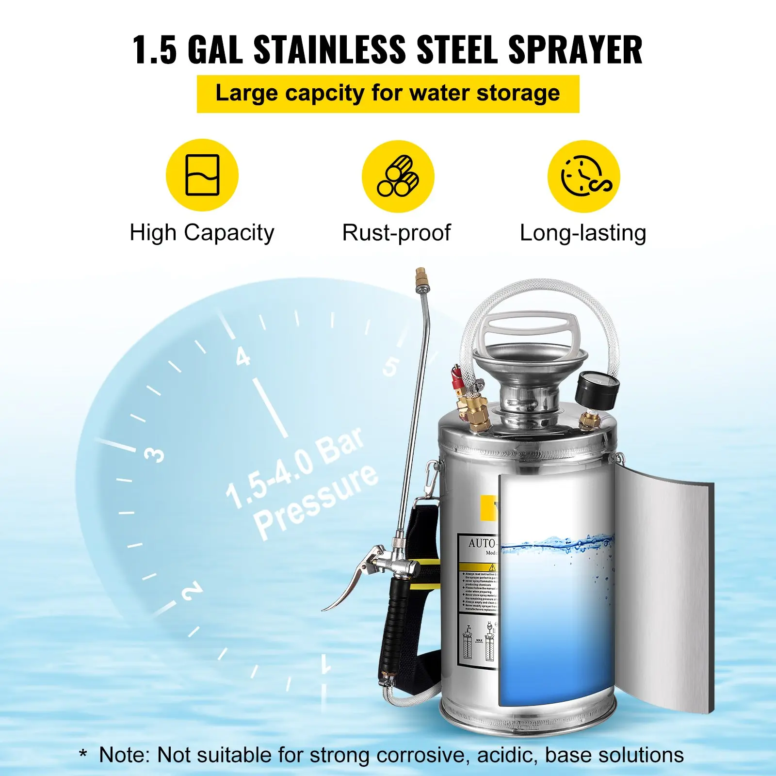 Stainless Steel High Pressure Hand Pump SprayerSet with WandHandle & Reinforced HosePressure GaugeSafety Valvey