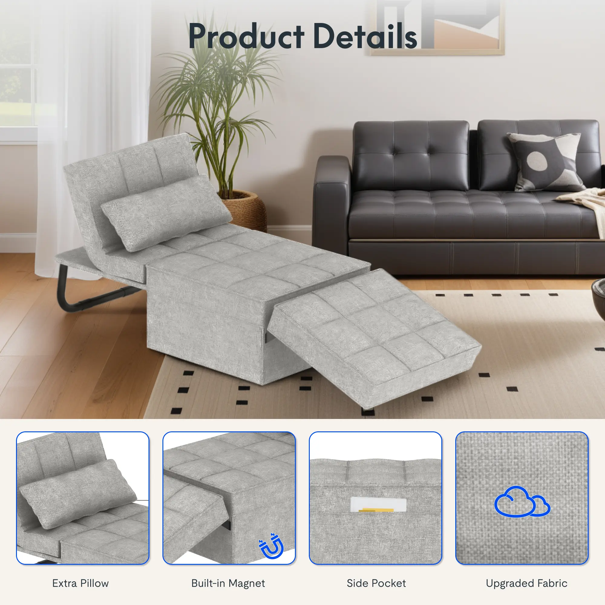 Convertible Sleeper Chair Sofa Bed - 5-Level Adjustable Backrest Multi-Function Upholstered Ottoman Futon, Adjustable Upholstered Couch, Furniture for Living Room (Grey, Beds Compatible)
