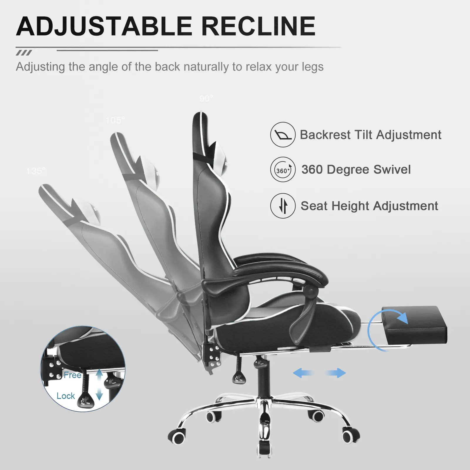PU Leather Computer Gaming Chair - Ergonomic 360° Swivel Office & Man Cave Furniture with Padded Arms, Footrest, Lumbar Support, Headrest, Height Adjustment (Pearl White)