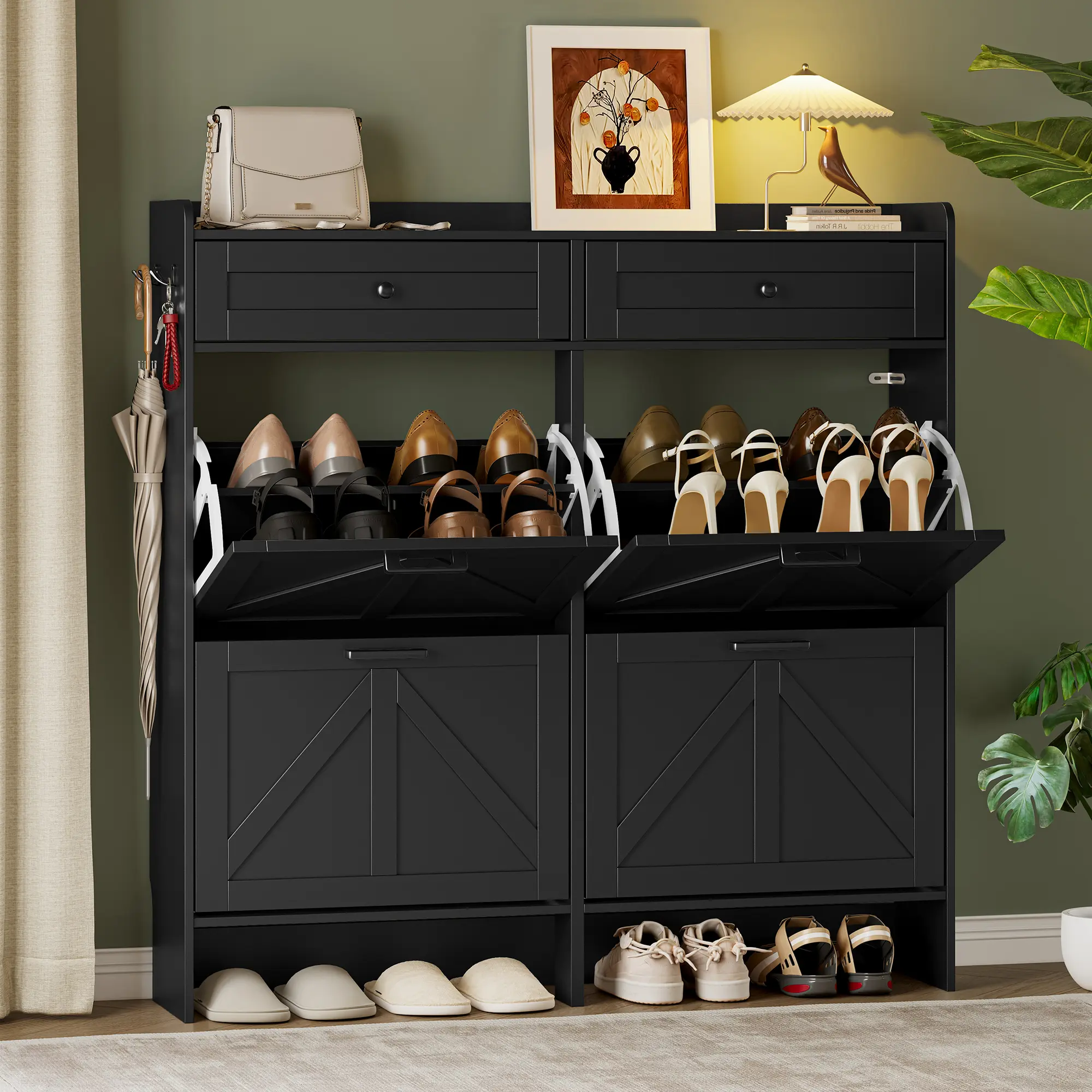 Shoe Storage Cabinet for Entryway, Farmhouse Wide Shoe Cabinet with 4 Flip Drawers and 2 Top Drawers, Freestanding Organizer with Adjustable Shelves, Hooks
