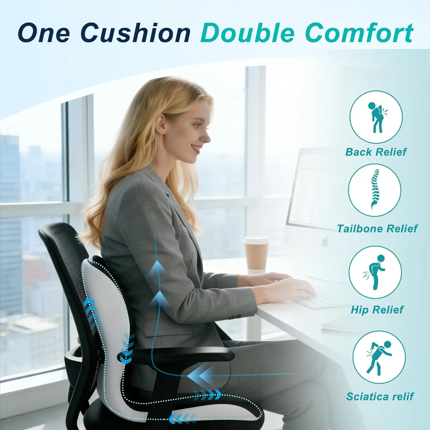 Ergonomic 2-in-1 Memory Foam Seat Cushion & Back Support Pillow - Non-Slip Tailbone Office Chair Pad for Sciatica & Lower Back Pain Relief, Car Drives Gift