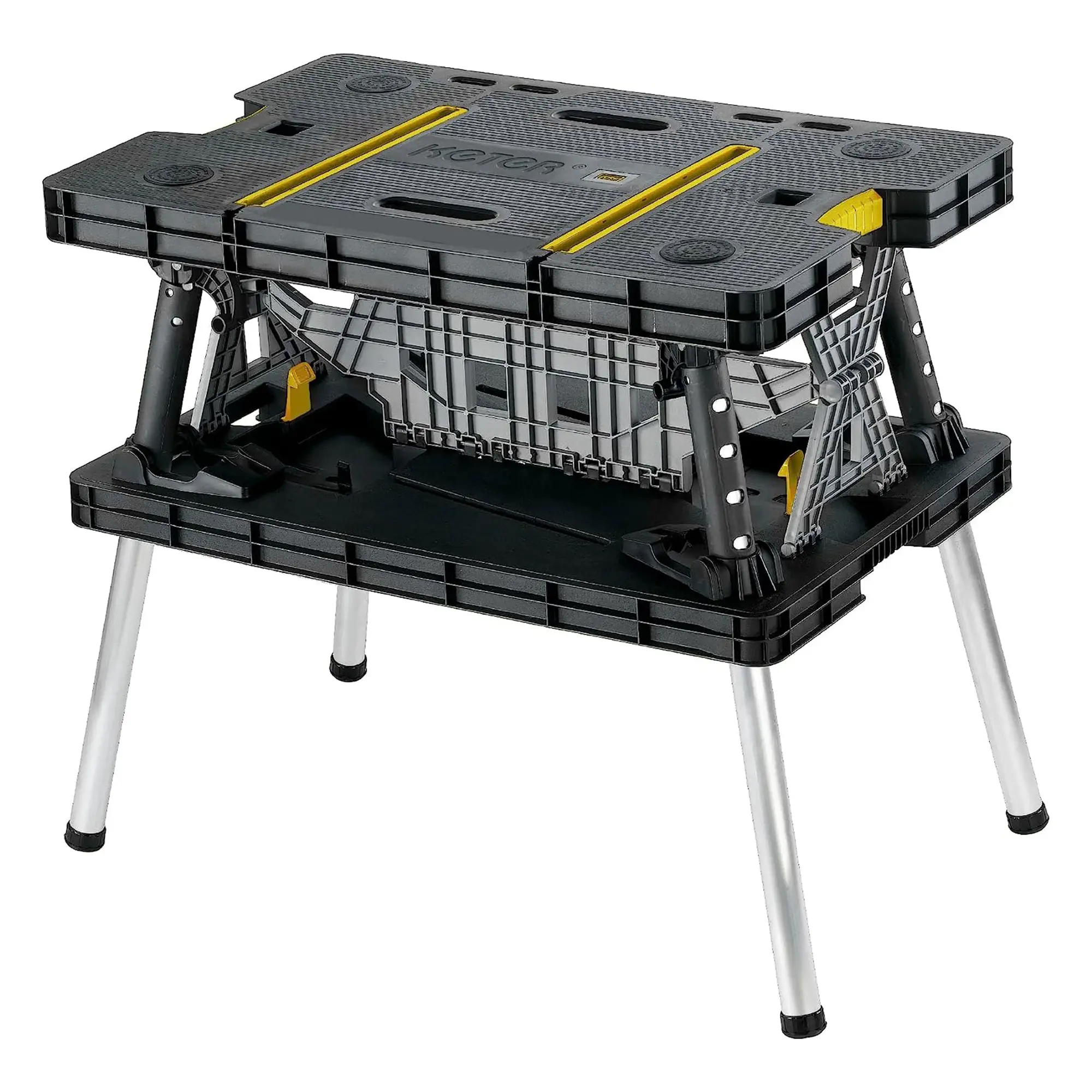 Heavy-Duty Portable Folding Table — Multifunctional Workbench with 12-Inch Clamps, Tool Storage, and Saw Stand