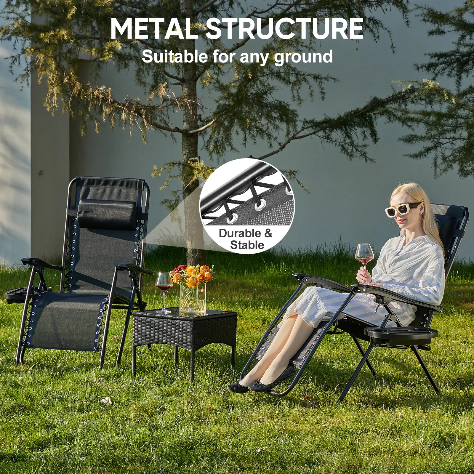 Zero Gravity Set of 2 Folding Lounge Chairs with Cup Holder Trays, Adjustable Pillow, Camping and Poolside Accessory, Outdoor Design, Beach Chair Foldable, Outdoor Lawn Chair