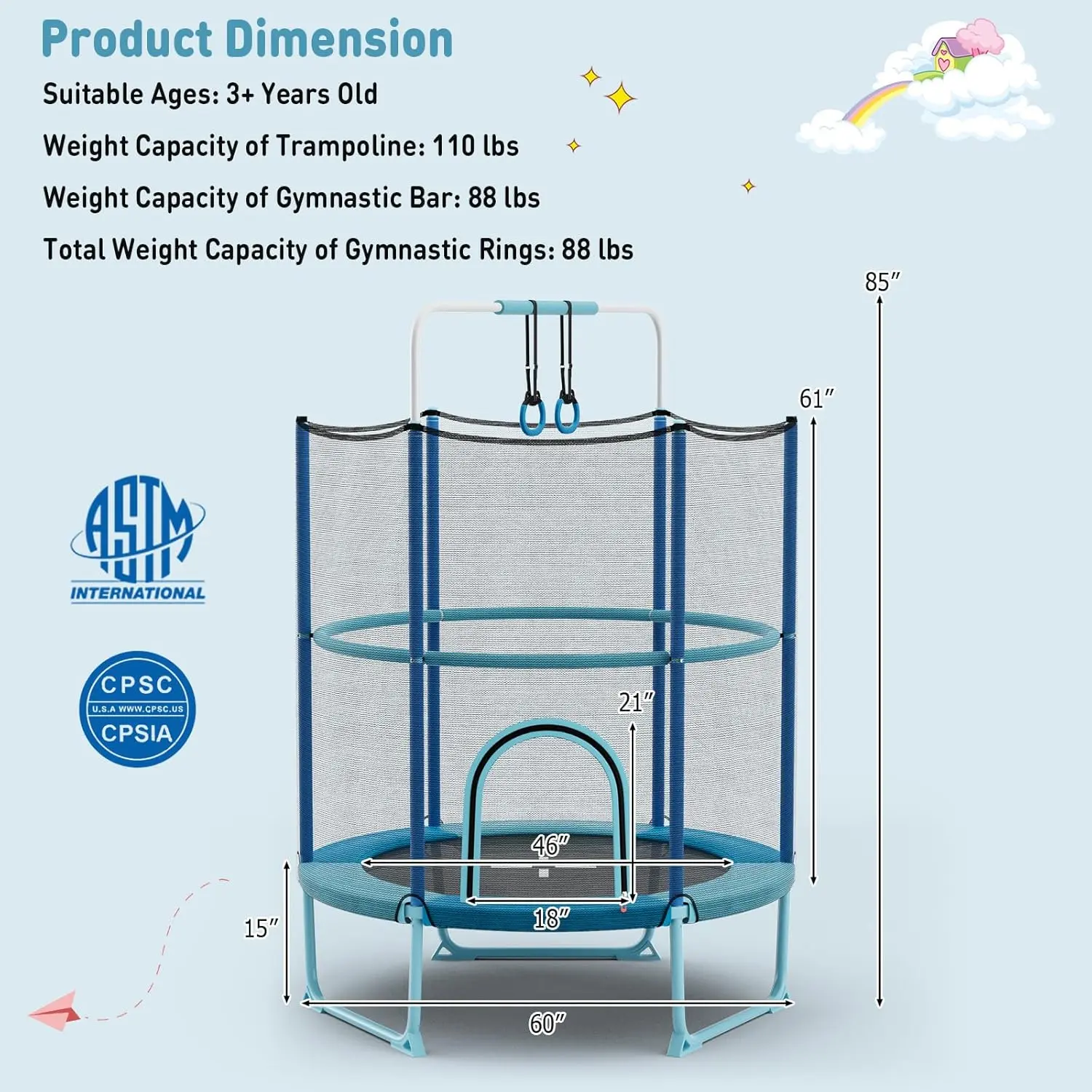 55"/60" Trampoline for Kids, No-Gap Jumping Mat, Easy to Assemble, Indoor/Outdoor, Ideal Gift for Boys and Girls,Summervibes